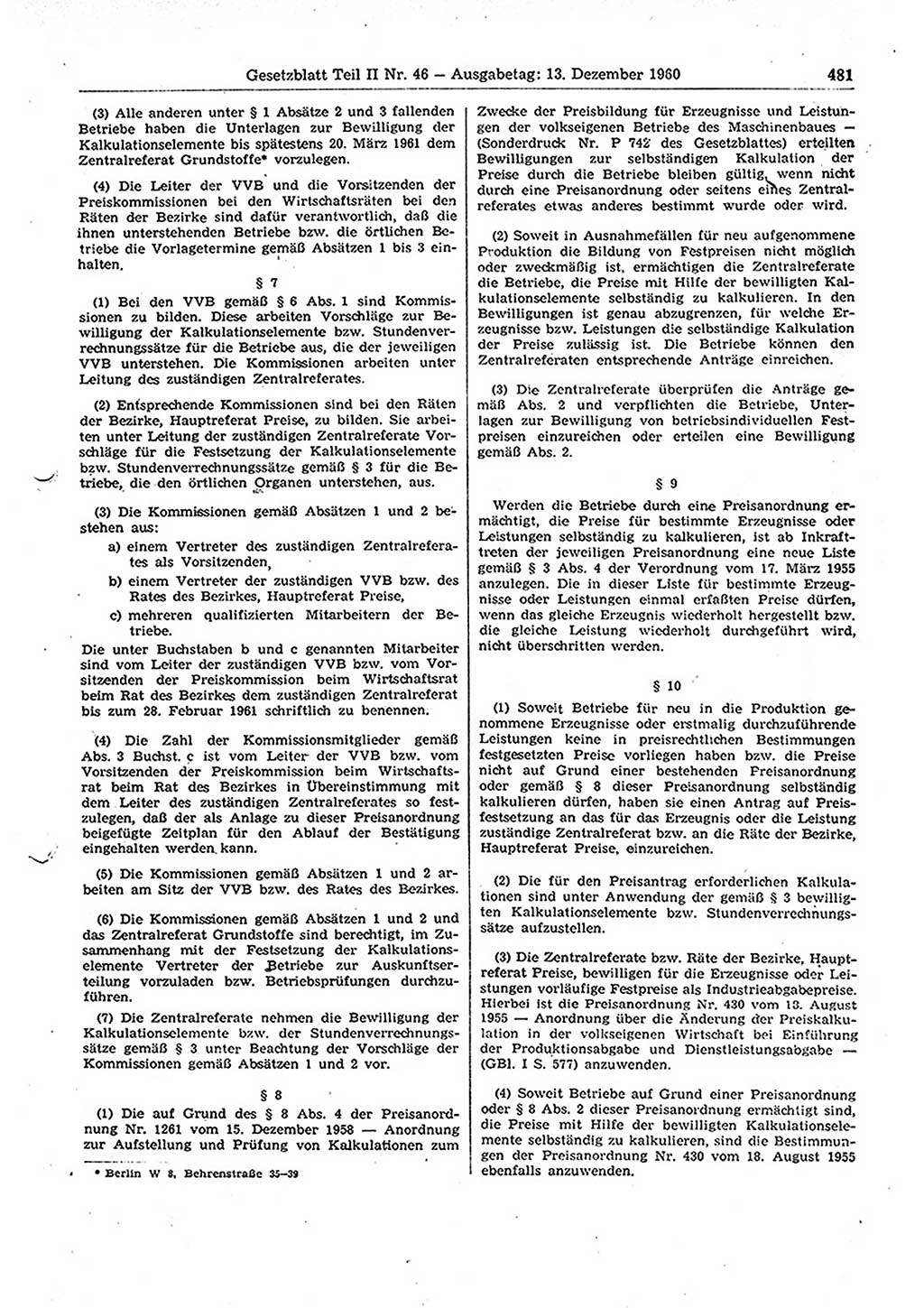 Gesetzblatt (GBl.) der Deutschen Demokratischen Republik (DDR) Teil ⅠⅠ 1960, Seite 481 (GBl. DDR ⅠⅠ 1960, S. 481)