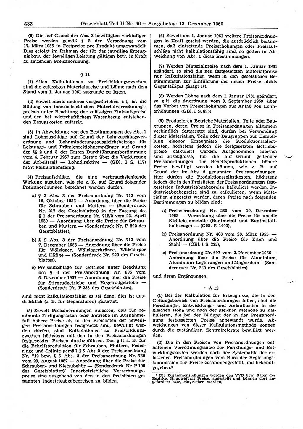 Gesetzblatt (GBl.) der Deutschen Demokratischen Republik (DDR) Teil ⅠⅠ 1960, Seite 482 (GBl. DDR ⅠⅠ 1960, S. 482)