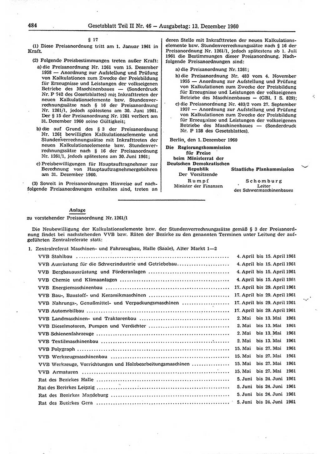 Gesetzblatt (GBl.) der Deutschen Demokratischen Republik (DDR) Teil ⅠⅠ 1960, Seite 484 (GBl. DDR ⅠⅠ 1960, S. 484)