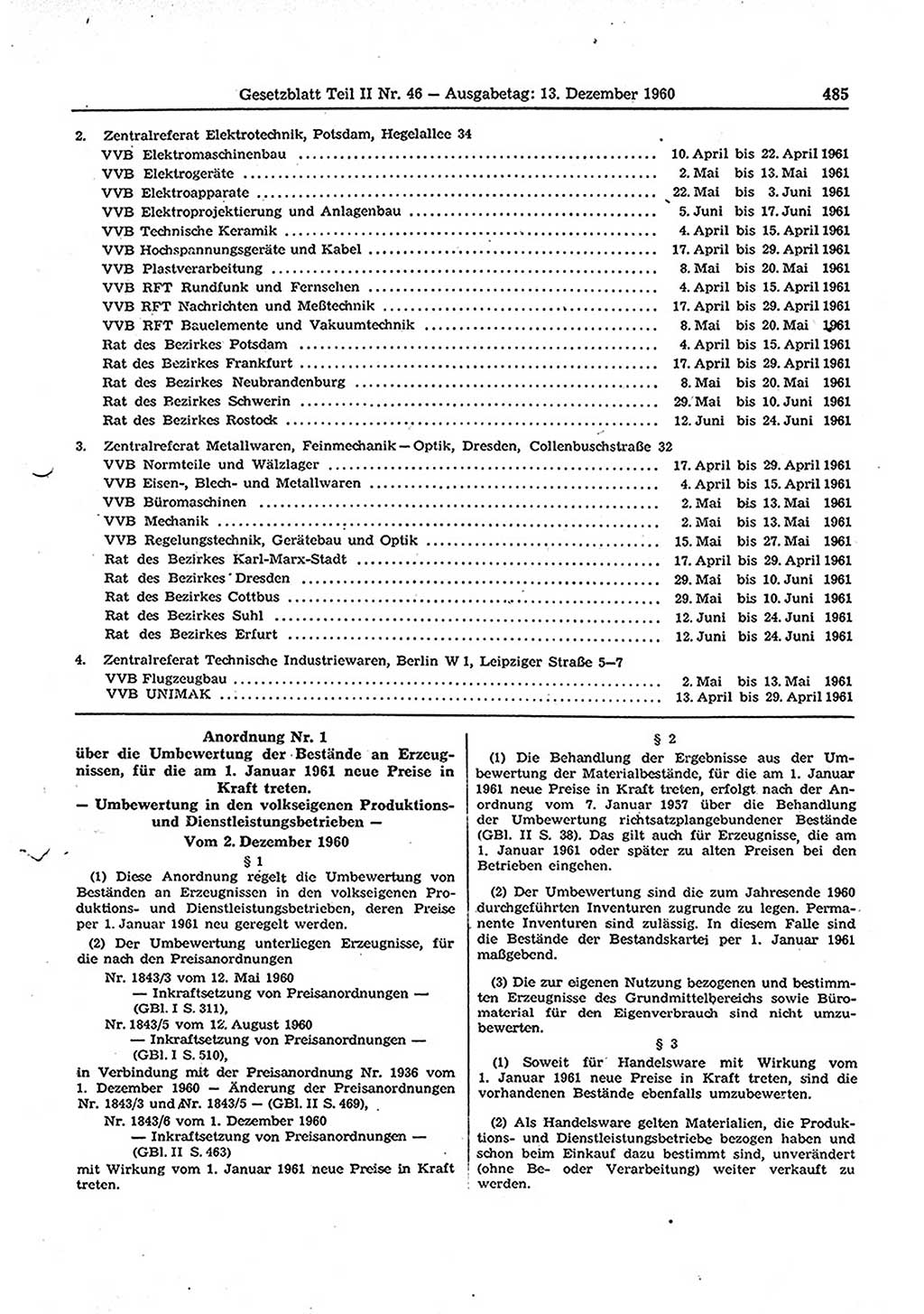 Gesetzblatt (GBl.) der Deutschen Demokratischen Republik (DDR) Teil ⅠⅠ 1960, Seite 485 (GBl. DDR ⅠⅠ 1960, S. 485)