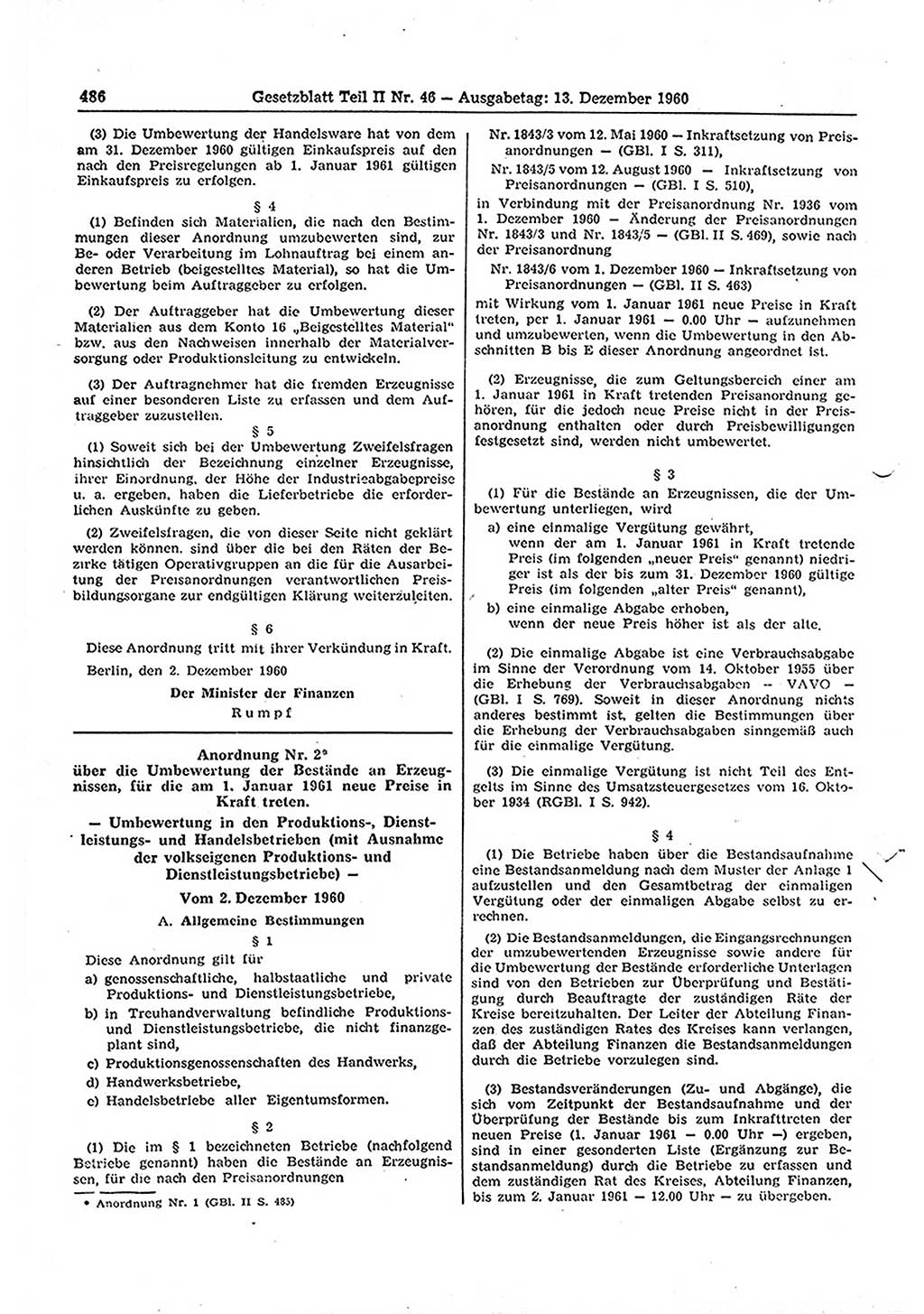 Gesetzblatt (GBl.) der Deutschen Demokratischen Republik (DDR) Teil ⅠⅠ 1960, Seite 486 (GBl. DDR ⅠⅠ 1960, S. 486)