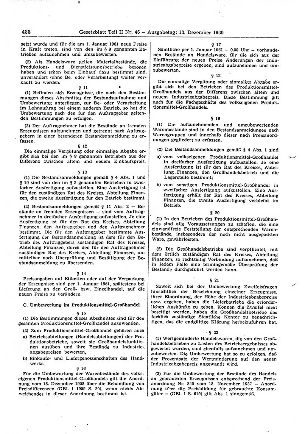 Gesetzblatt (GBl.) der Deutschen Demokratischen Republik (DDR) Teil ⅠⅠ 1960, Seite 488 (GBl. DDR ⅠⅠ 1960, S. 488)
