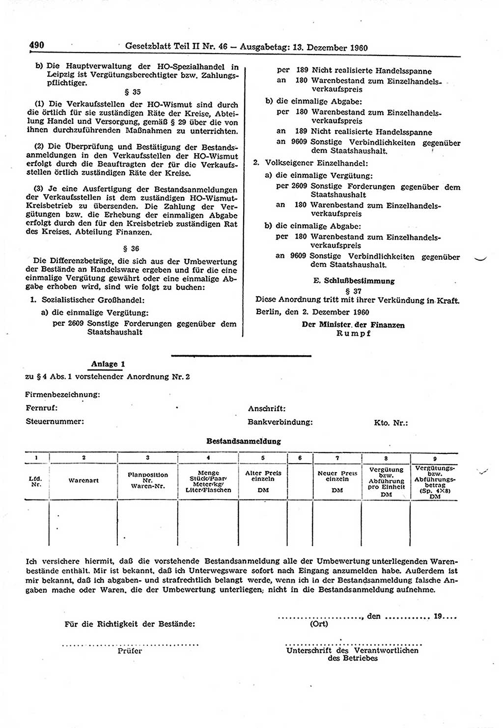Gesetzblatt (GBl.) der Deutschen Demokratischen Republik (DDR) Teil ⅠⅠ 1960, Seite 490 (GBl. DDR ⅠⅠ 1960, S. 490)