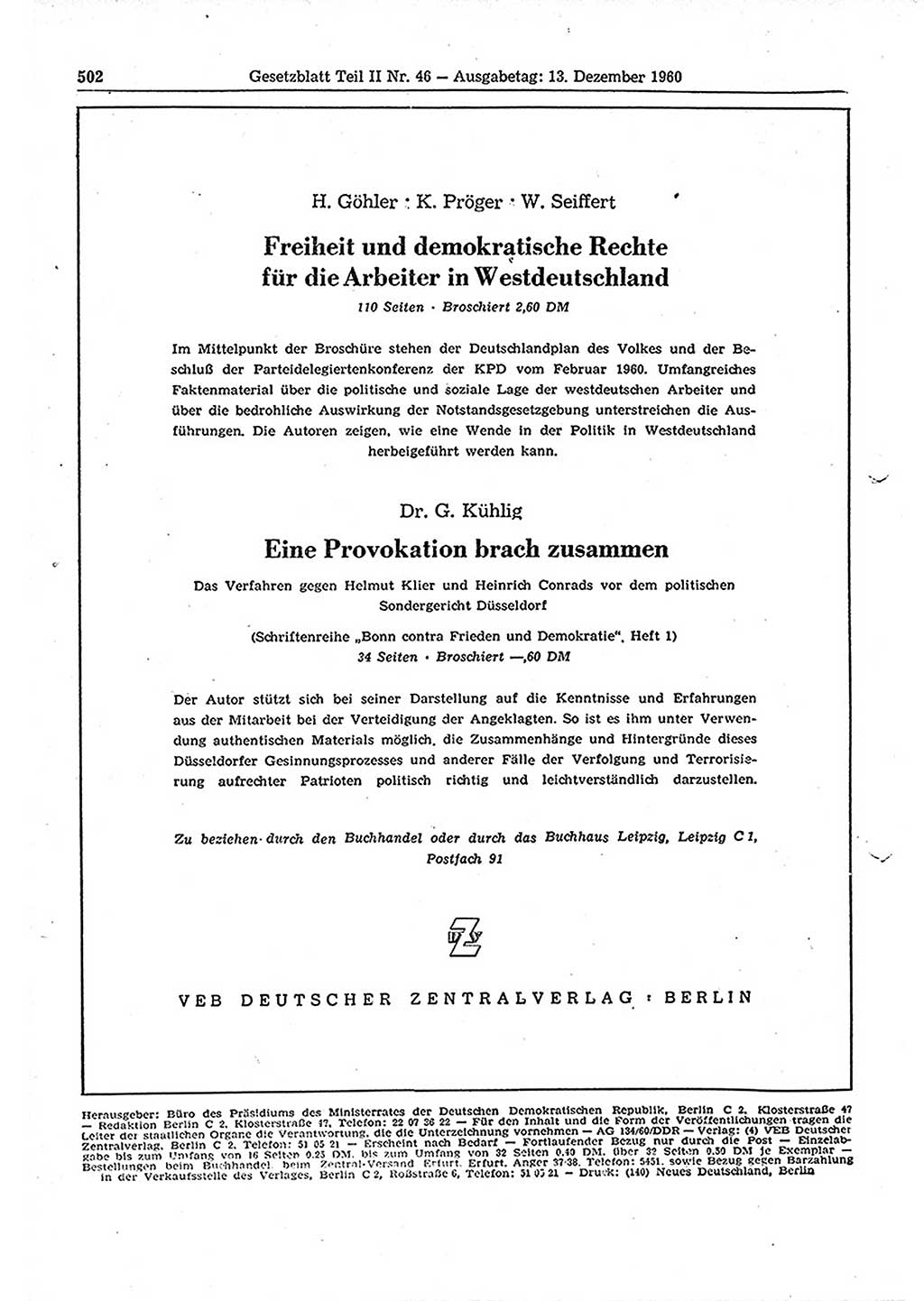 Gesetzblatt (GBl.) der Deutschen Demokratischen Republik (DDR) Teil ⅠⅠ 1960, Seite 502 (GBl. DDR ⅠⅠ 1960, S. 502)