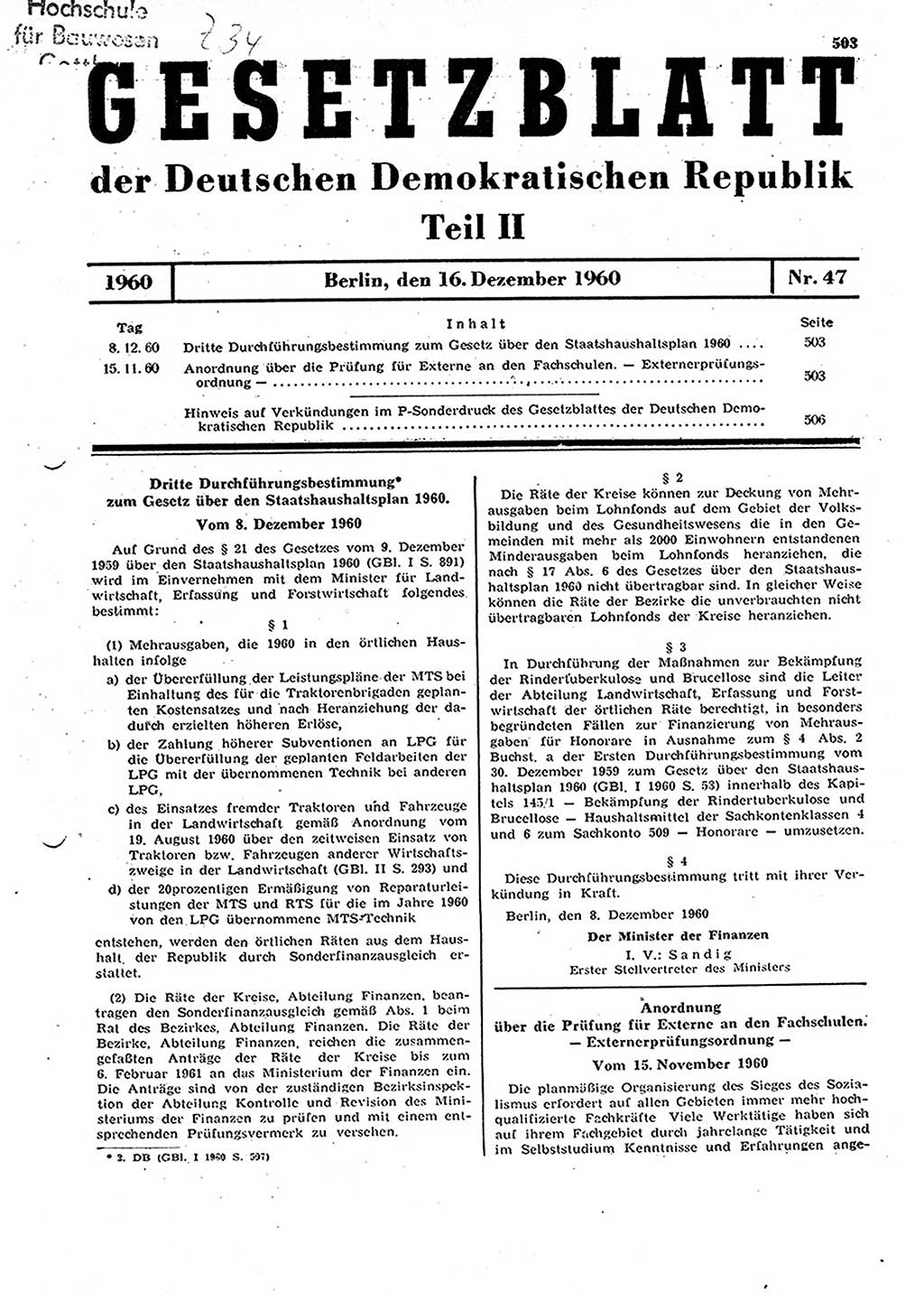 Gesetzblatt (GBl.) der Deutschen Demokratischen Republik (DDR) Teil ⅠⅠ 1960, Seite 503 (GBl. DDR ⅠⅠ 1960, S. 503)