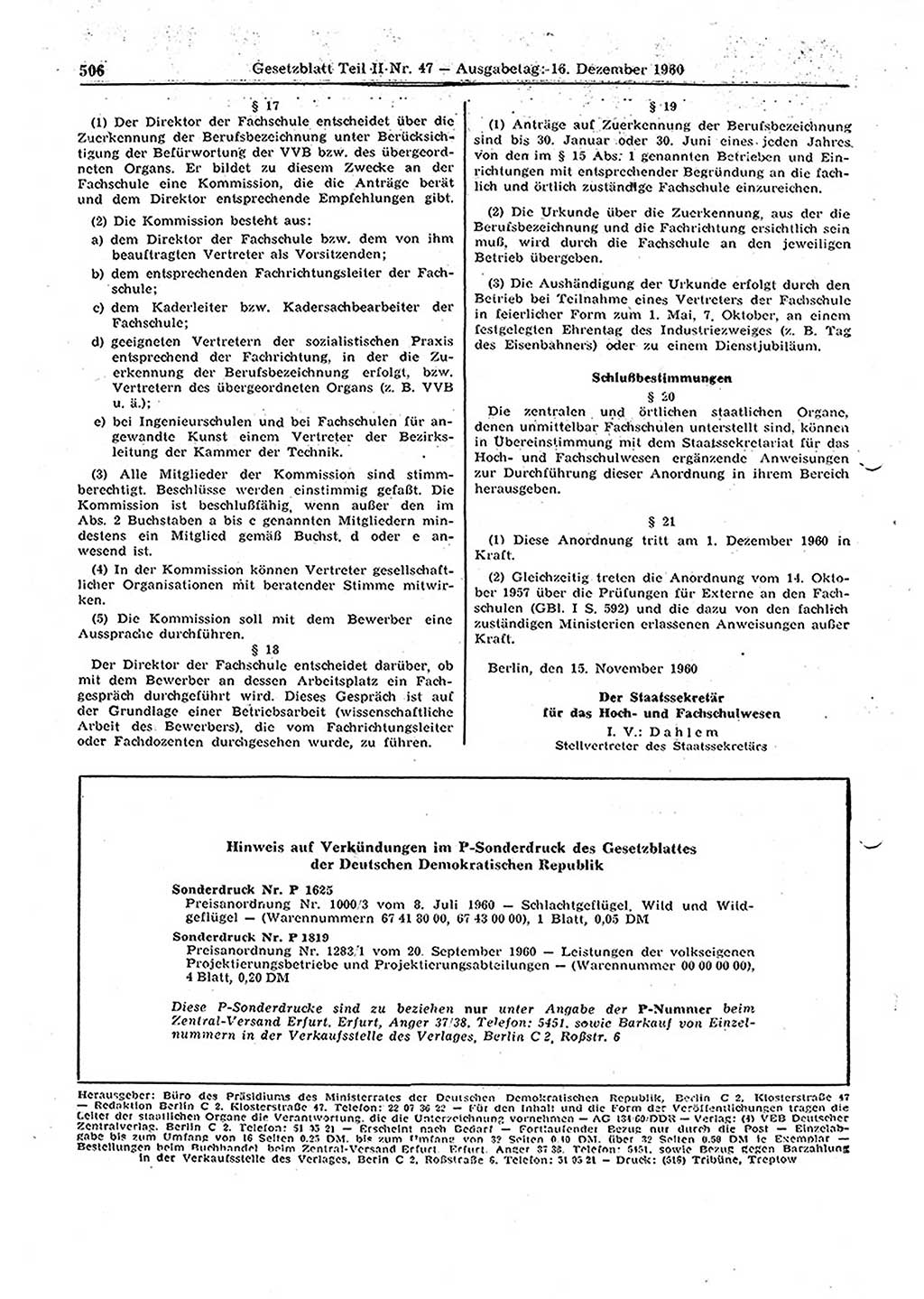 Gesetzblatt (GBl.) der Deutschen Demokratischen Republik (DDR) Teil ⅠⅠ 1960, Seite 506 (GBl. DDR ⅠⅠ 1960, S. 506)