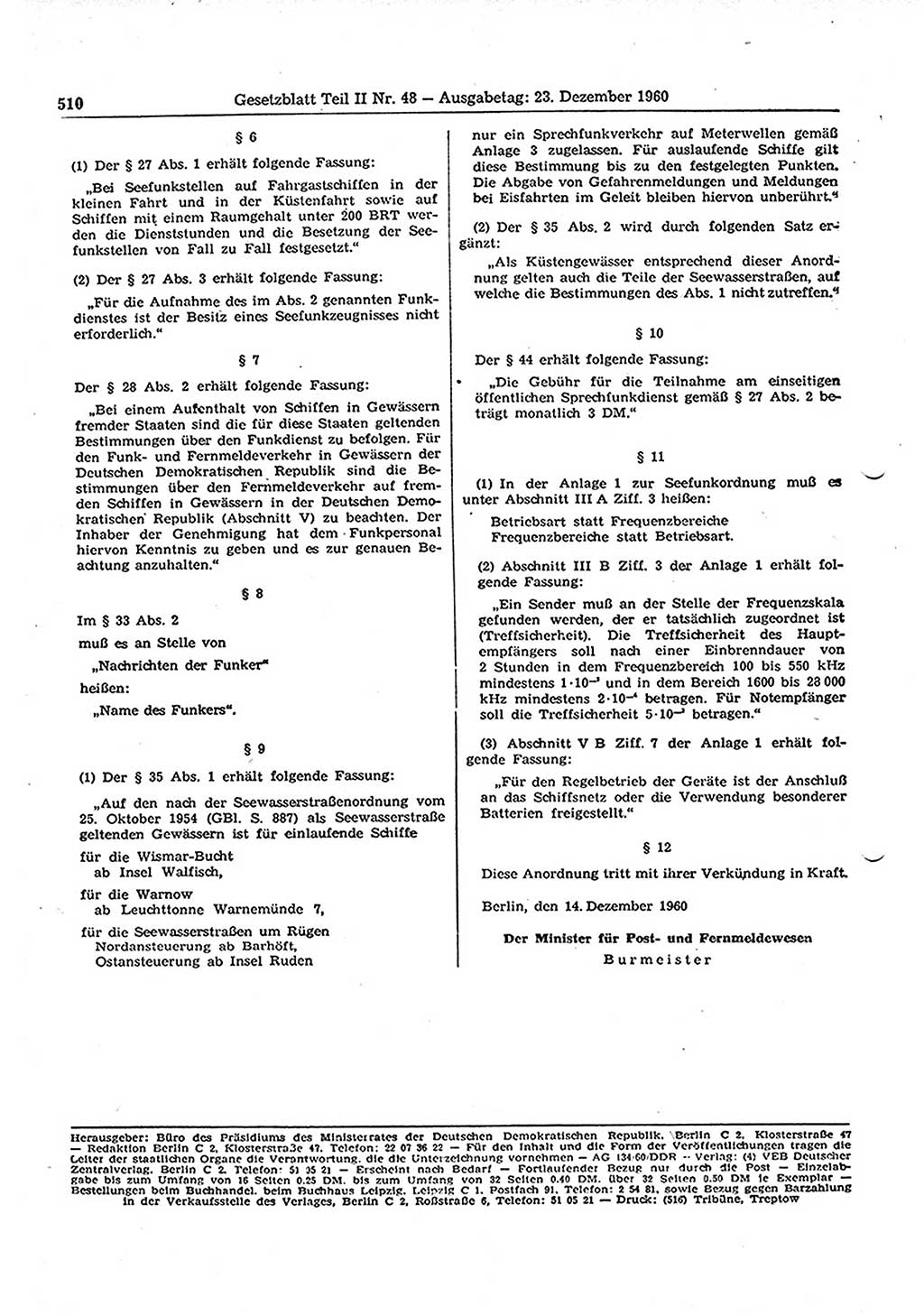 Gesetzblatt (GBl.) der Deutschen Demokratischen Republik (DDR) Teil ⅠⅠ 1960, Seite 510 (GBl. DDR ⅠⅠ 1960, S. 510)