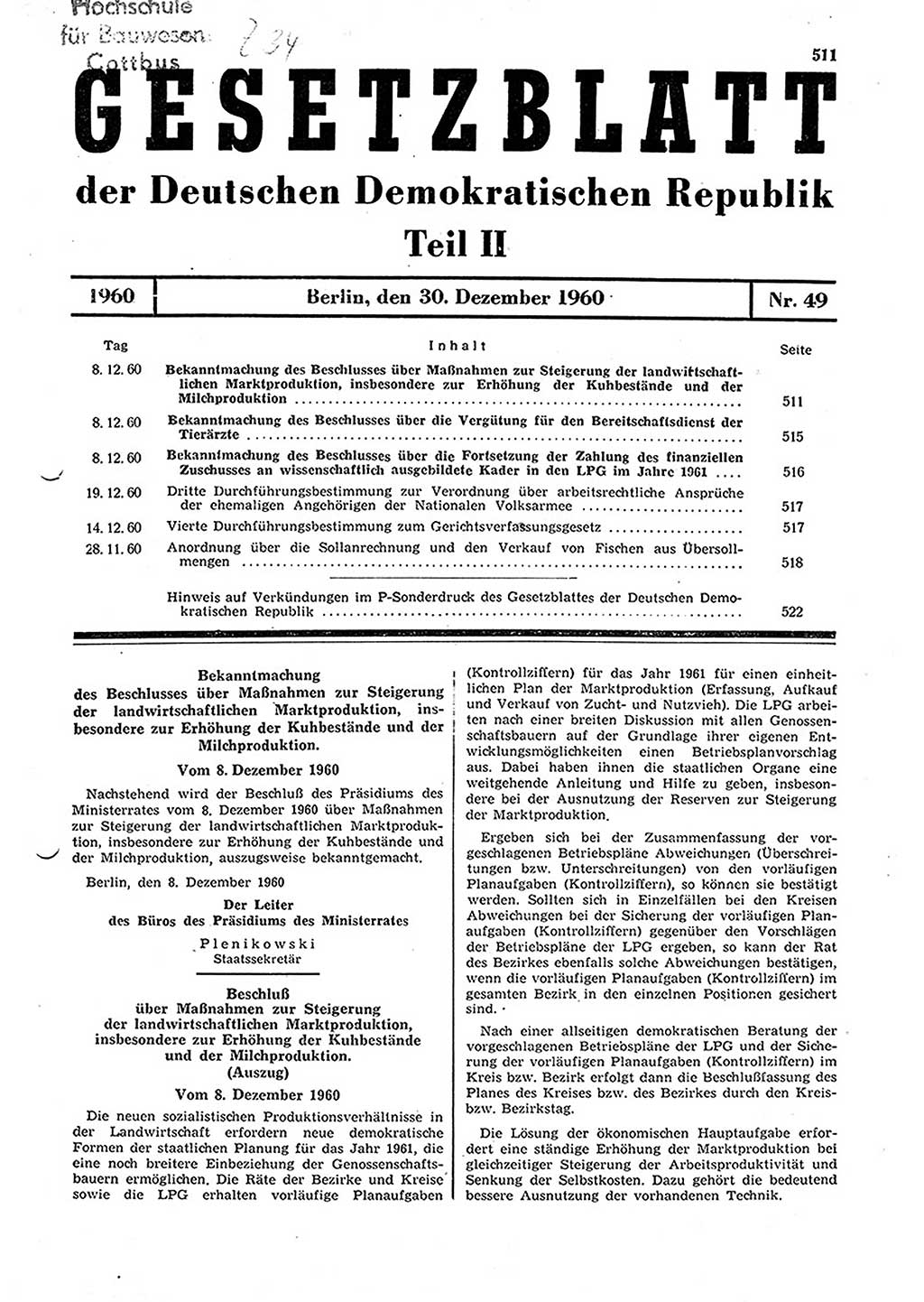 Gesetzblatt (GBl.) der Deutschen Demokratischen Republik (DDR) Teil ⅠⅠ 1960, Seite 511 (GBl. DDR ⅠⅠ 1960, S. 511)
