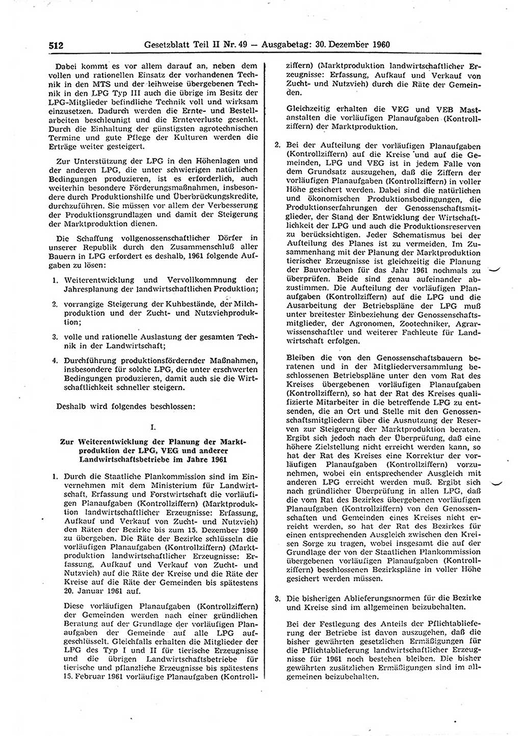 Gesetzblatt (GBl.) der Deutschen Demokratischen Republik (DDR) Teil ⅠⅠ 1960, Seite 512 (GBl. DDR ⅠⅠ 1960, S. 512)