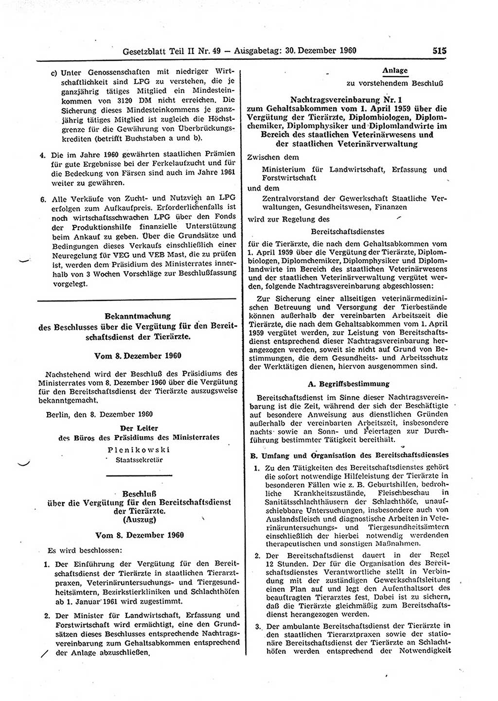 Gesetzblatt (GBl.) der Deutschen Demokratischen Republik (DDR) Teil ⅠⅠ 1960, Seite 515 (GBl. DDR ⅠⅠ 1960, S. 515)