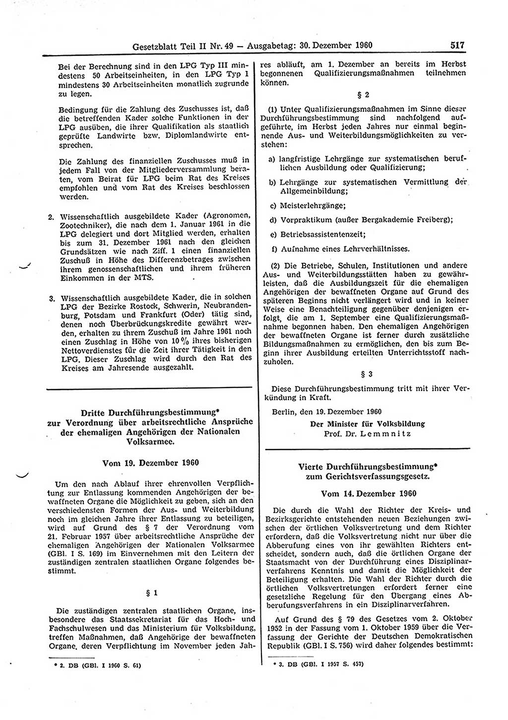 Gesetzblatt (GBl.) der Deutschen Demokratischen Republik (DDR) Teil ⅠⅠ 1960, Seite 517 (GBl. DDR ⅠⅠ 1960, S. 517)
