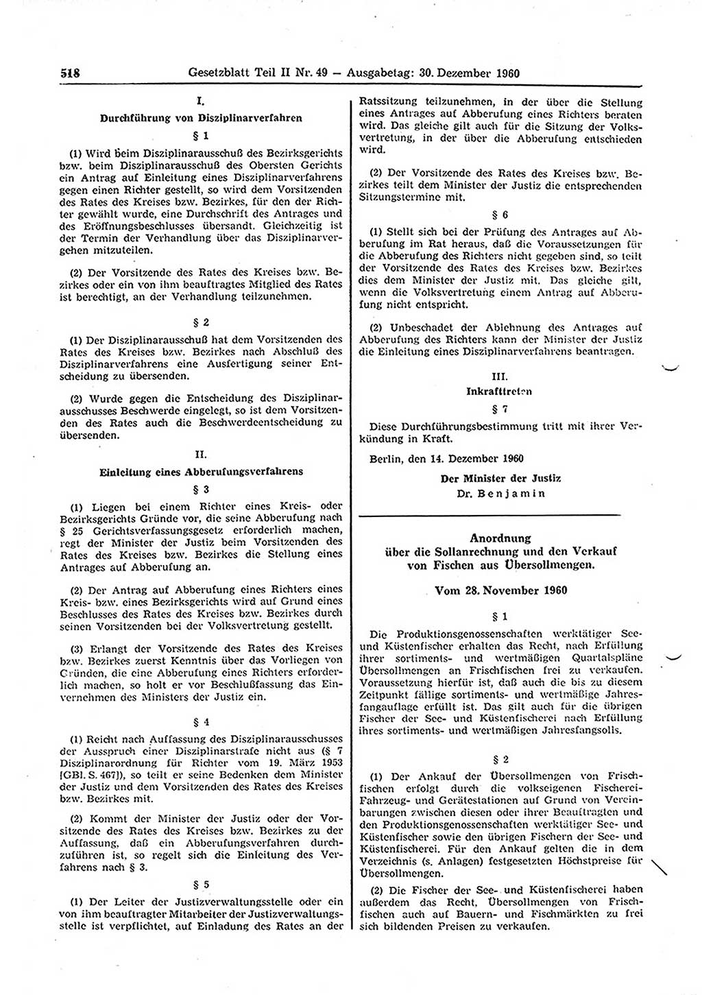 Gesetzblatt (GBl.) der Deutschen Demokratischen Republik (DDR) Teil ⅠⅠ 1960, Seite 518 (GBl. DDR ⅠⅠ 1960, S. 518)