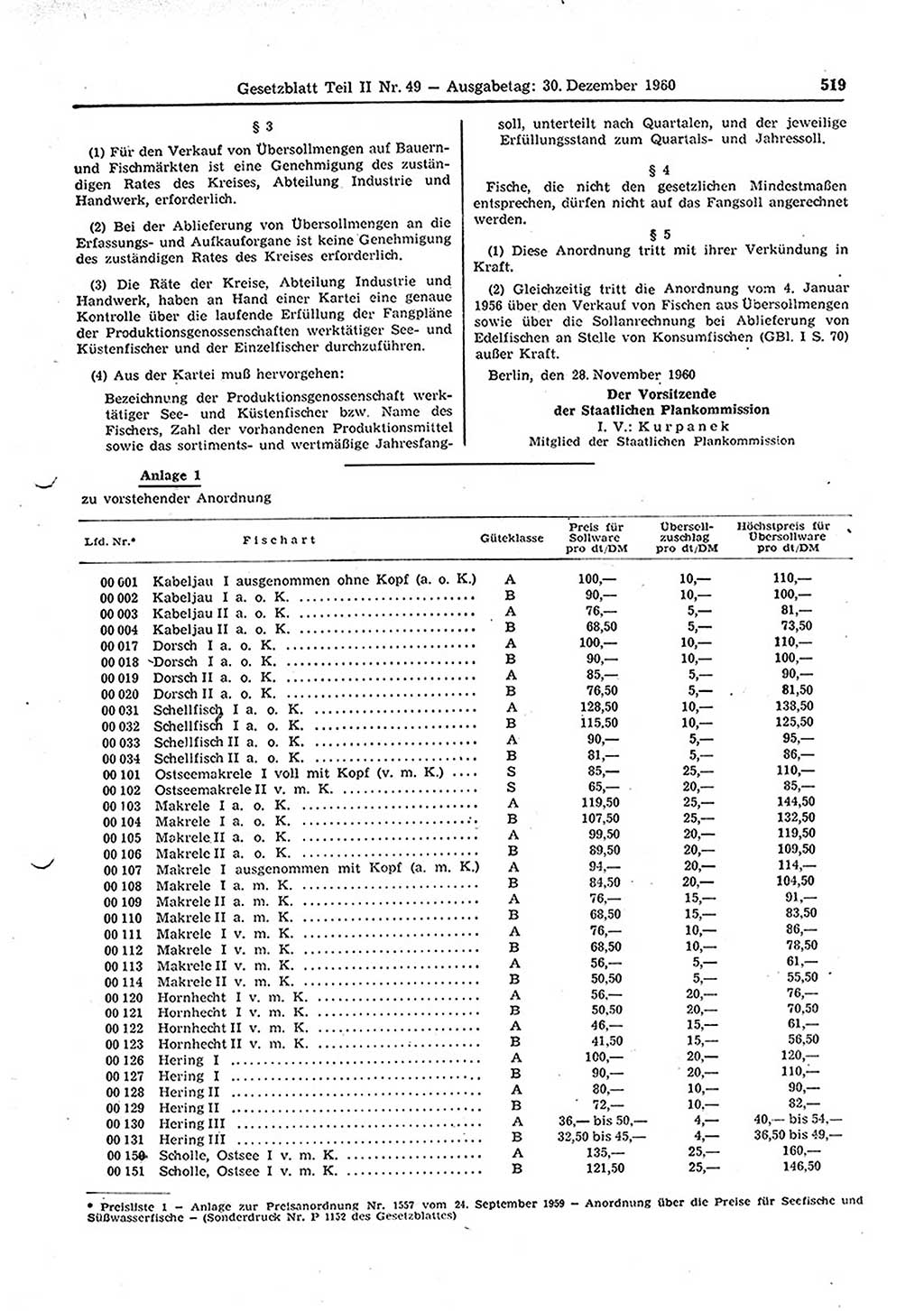 Gesetzblatt (GBl.) der Deutschen Demokratischen Republik (DDR) Teil ⅠⅠ 1960, Seite 519 (GBl. DDR ⅠⅠ 1960, S. 519)