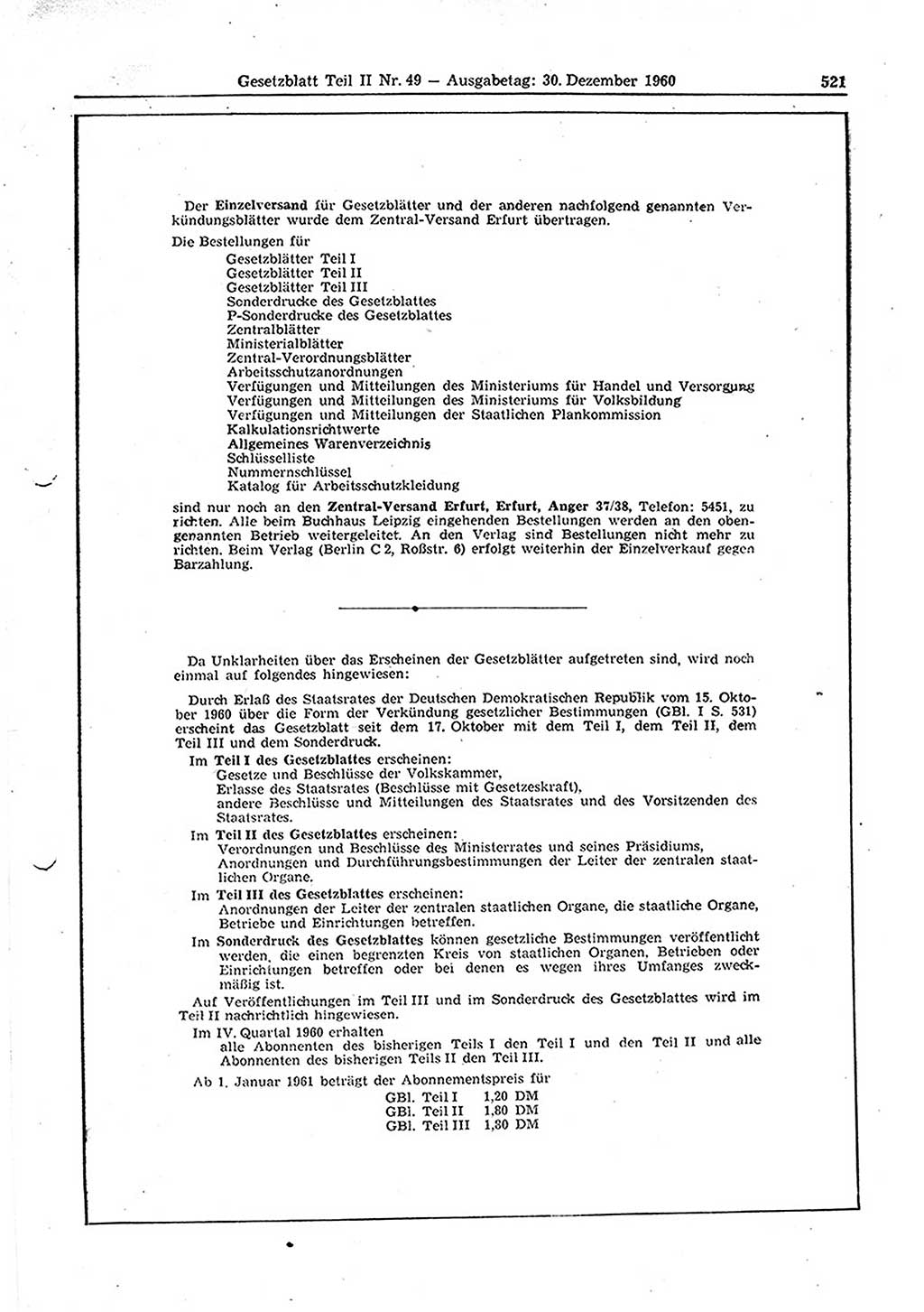 Gesetzblatt (GBl.) der Deutschen Demokratischen Republik (DDR) Teil ⅠⅠ 1960, Seite 521 (GBl. DDR ⅠⅠ 1960, S. 521)