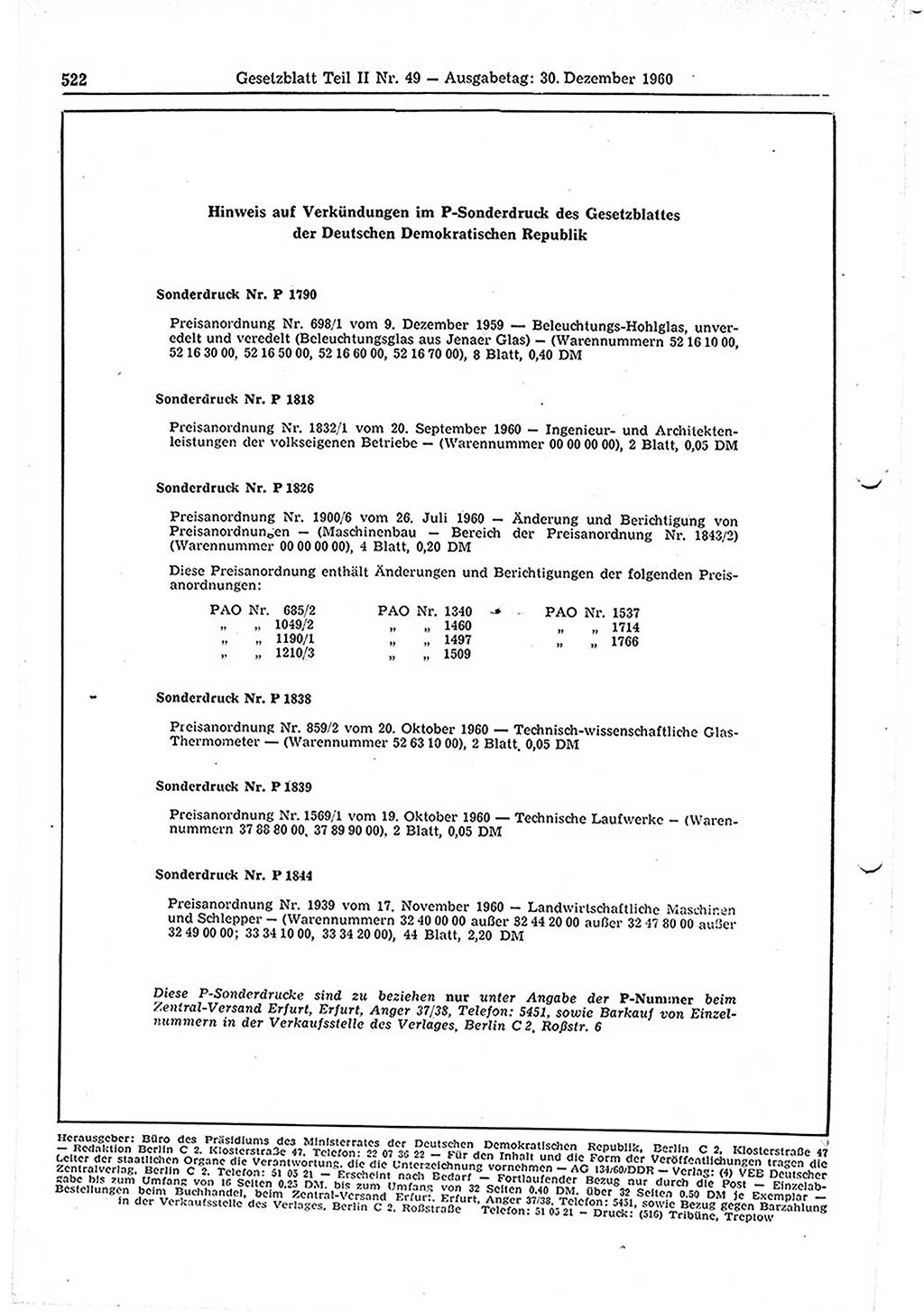 Gesetzblatt (GBl.) der Deutschen Demokratischen Republik (DDR) Teil ⅠⅠ 1960, Seite 522 (GBl. DDR ⅠⅠ 1960, S. 522)