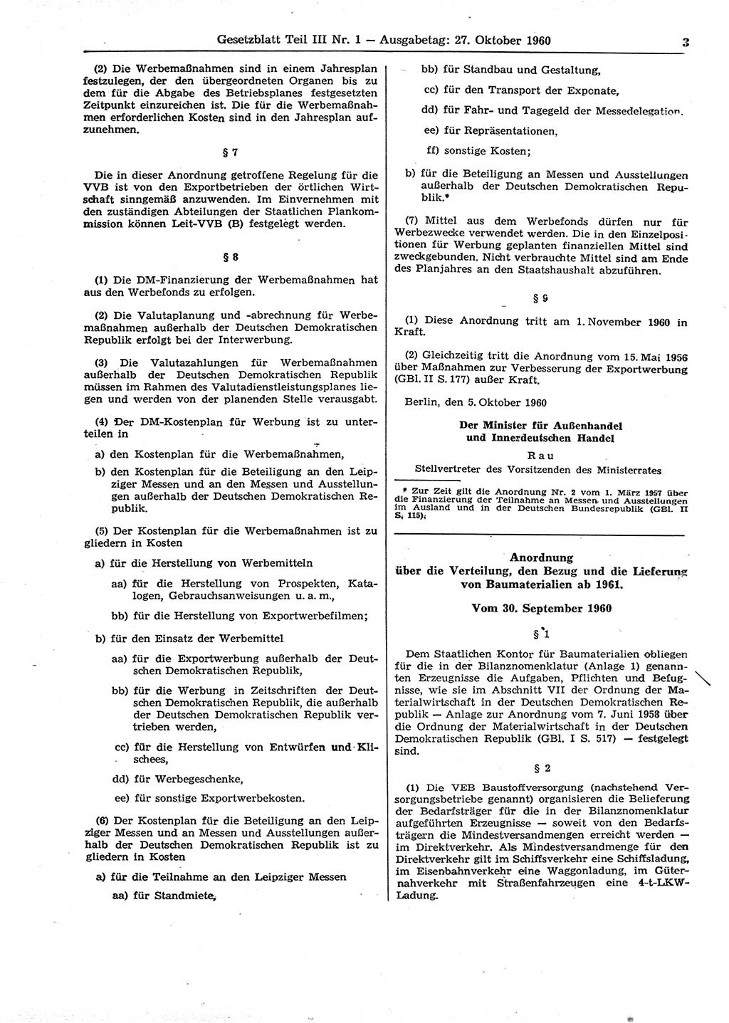 Gesetzblatt (GBl.) der Deutschen Demokratischen Republik (DDR) Teil ⅠⅠⅠ 1960, Seite 3 (GBl. DDR ⅠⅠⅠ 1960, S. 3)