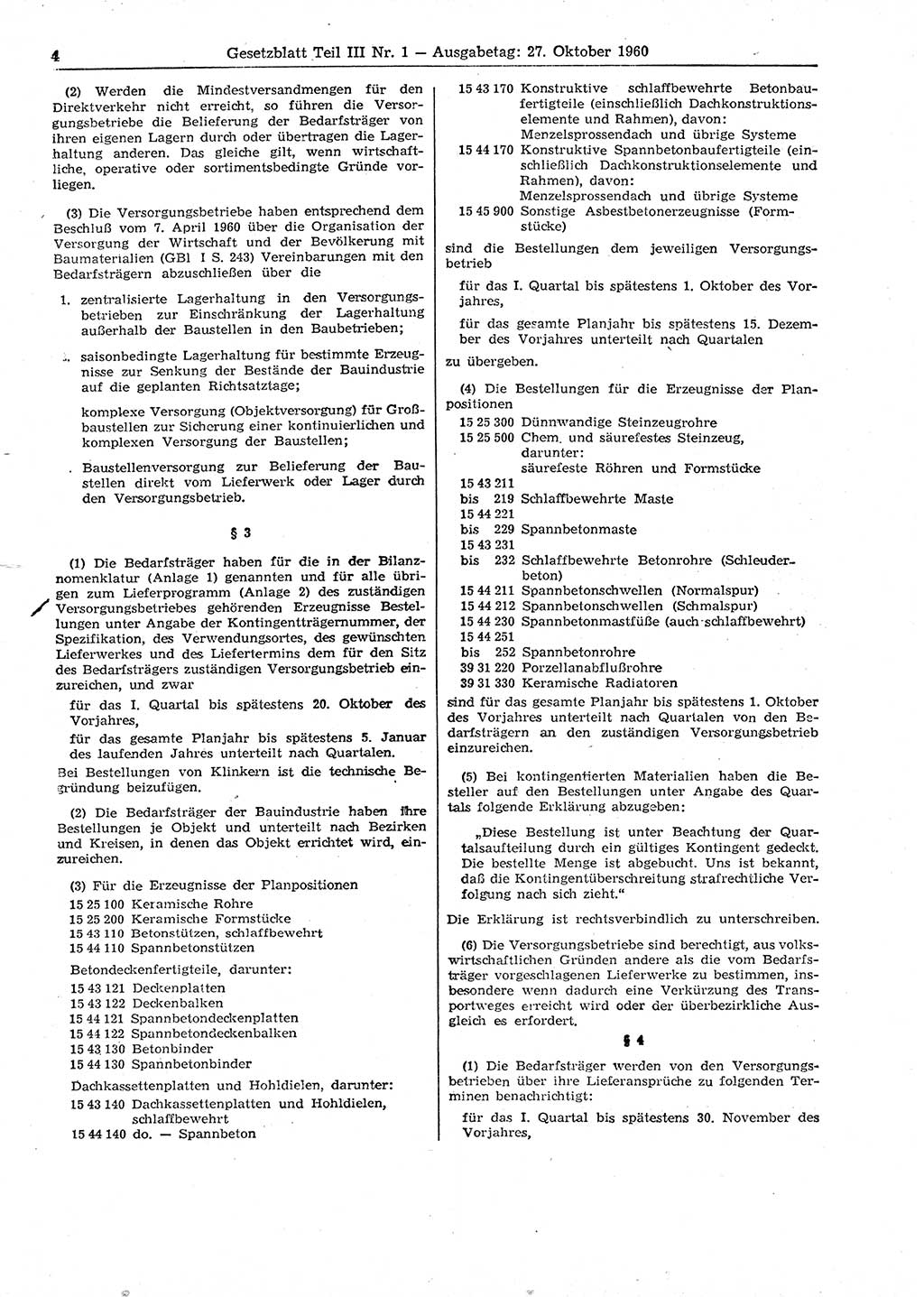 Gesetzblatt (GBl.) der Deutschen Demokratischen Republik (DDR) Teil ⅠⅠⅠ 1960, Seite 4 (GBl. DDR ⅠⅠⅠ 1960, S. 4)