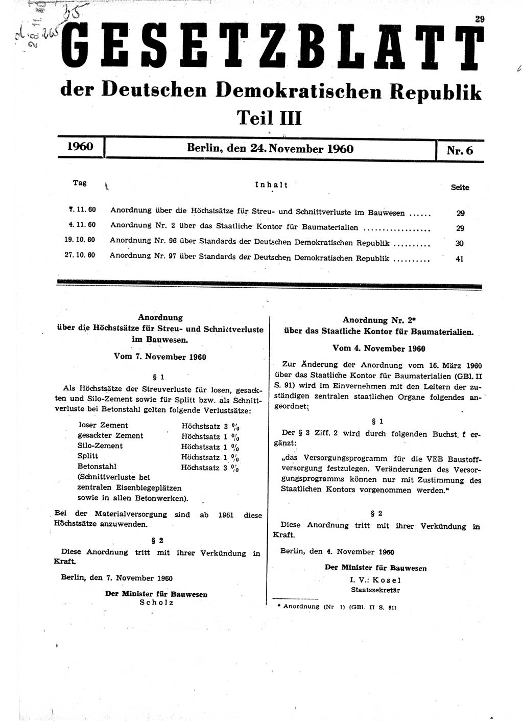 Gesetzblatt (GBl.) der Deutschen Demokratischen Republik (DDR) Teil ⅠⅠⅠ 1960, Seite 29 (GBl. DDR ⅠⅠⅠ 1960, S. 29)