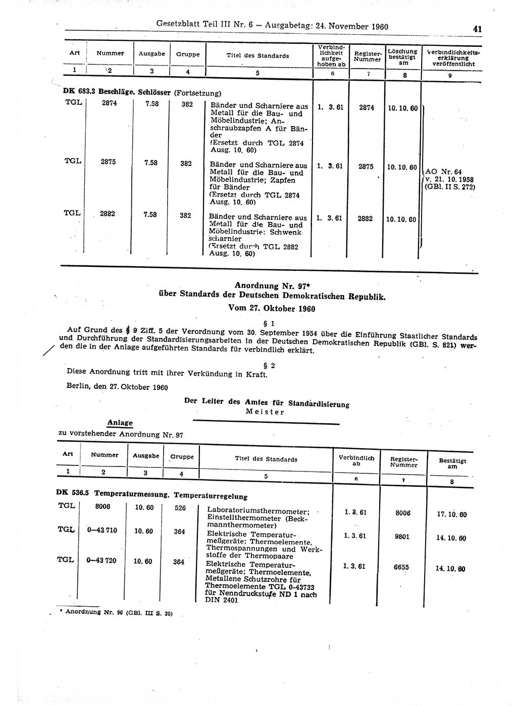 Gesetzblatt (GBl.) der Deutschen Demokratischen Republik (DDR) Teil ⅠⅠⅠ 1960, Seite 41 (GBl. DDR ⅠⅠⅠ 1960, S. 41)