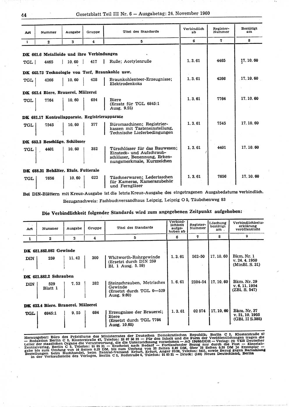 Gesetzblatt (GBl.) der Deutschen Demokratischen Republik (DDR) Teil ⅠⅠⅠ 1960, Seite 44 (GBl. DDR ⅠⅠⅠ 1960, S. 44)