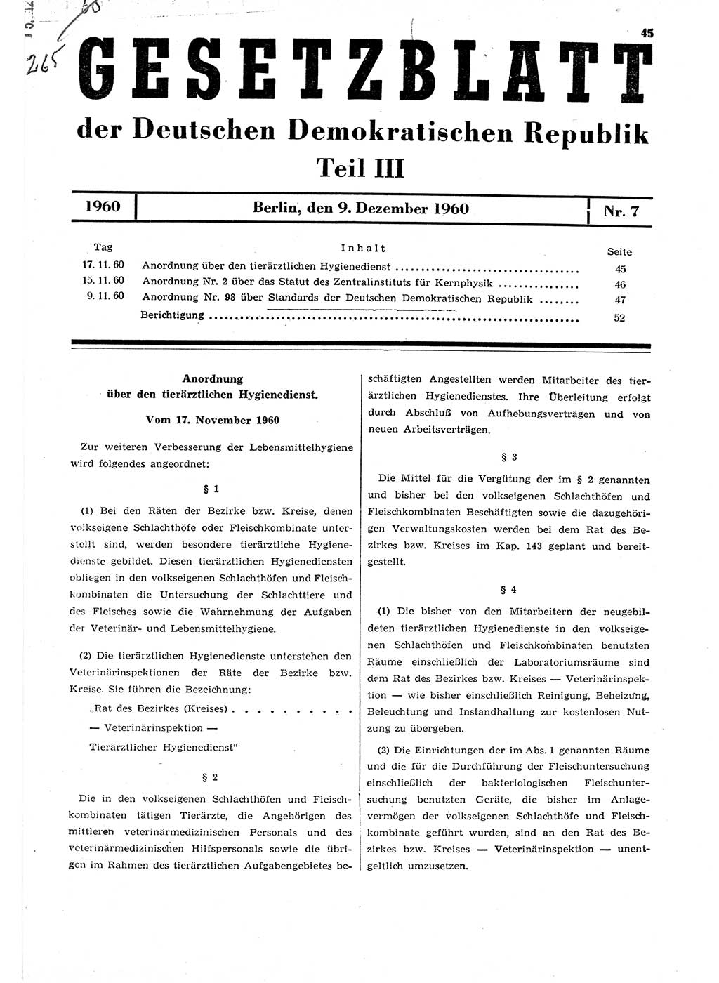 Gesetzblatt (GBl.) der Deutschen Demokratischen Republik (DDR) Teil ⅠⅠⅠ 1960, Seite 45 (GBl. DDR ⅠⅠⅠ 1960, S. 45)