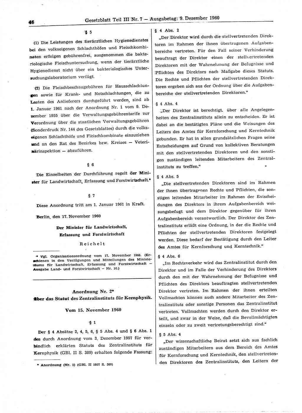 Gesetzblatt (GBl.) der Deutschen Demokratischen Republik (DDR) Teil ⅠⅠⅠ 1960, Seite 46 (GBl. DDR ⅠⅠⅠ 1960, S. 46)