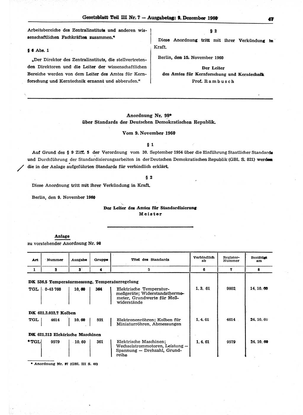 Gesetzblatt (GBl.) der Deutschen Demokratischen Republik (DDR) Teil ⅠⅠⅠ 1960, Seite 47 (GBl. DDR ⅠⅠⅠ 1960, S. 47)