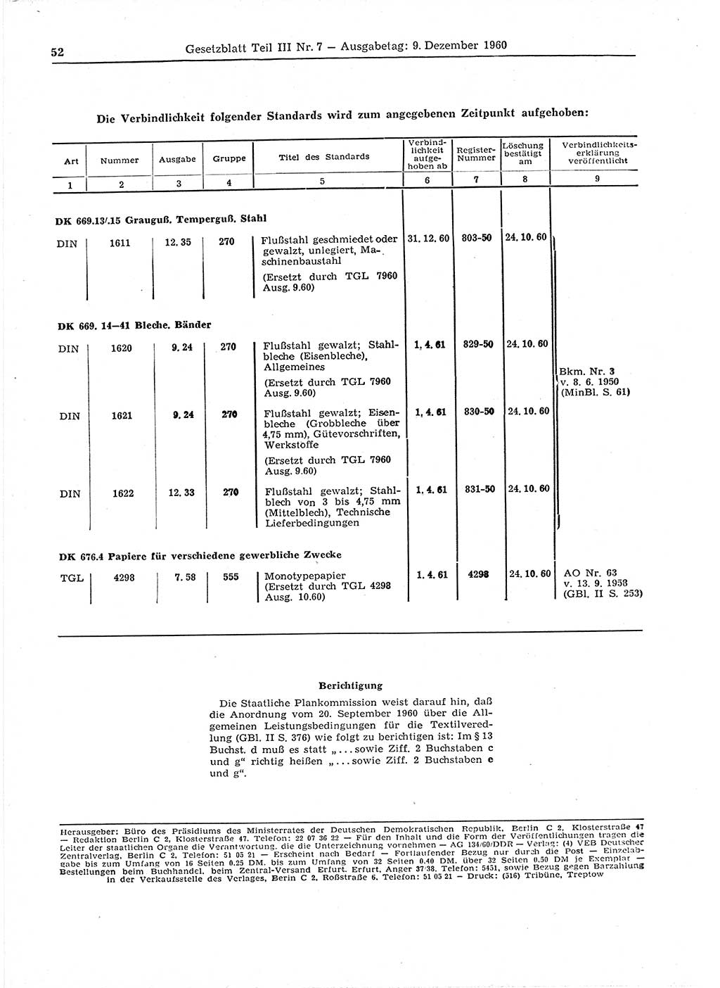 Gesetzblatt (GBl.) der Deutschen Demokratischen Republik (DDR) Teil ⅠⅠⅠ 1960, Seite 52 (GBl. DDR ⅠⅠⅠ 1960, S. 52)