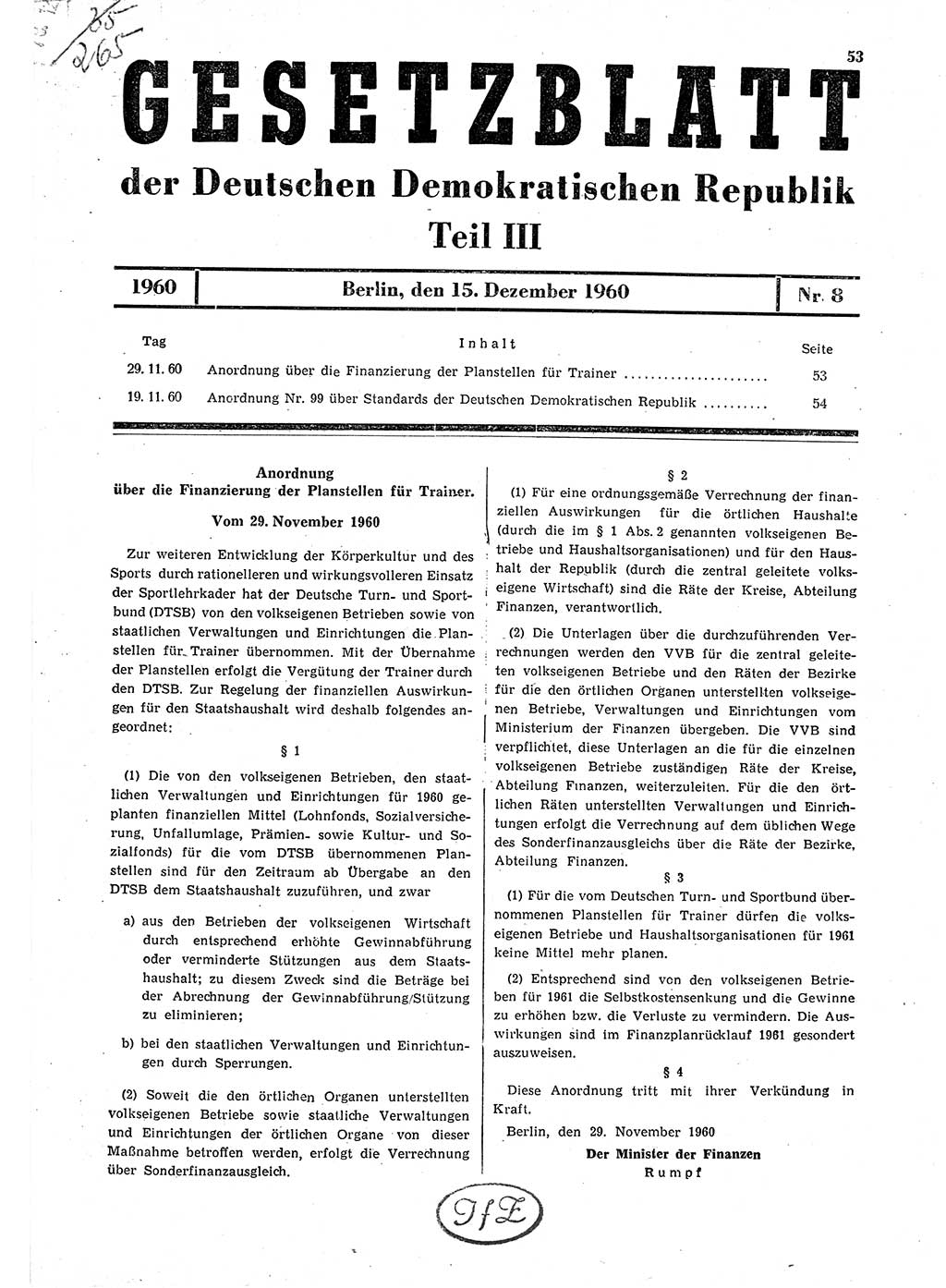 Gesetzblatt (GBl.) der Deutschen Demokratischen Republik (DDR) Teil ⅠⅠⅠ 1960, Seite 53 (GBl. DDR ⅠⅠⅠ 1960, S. 53)