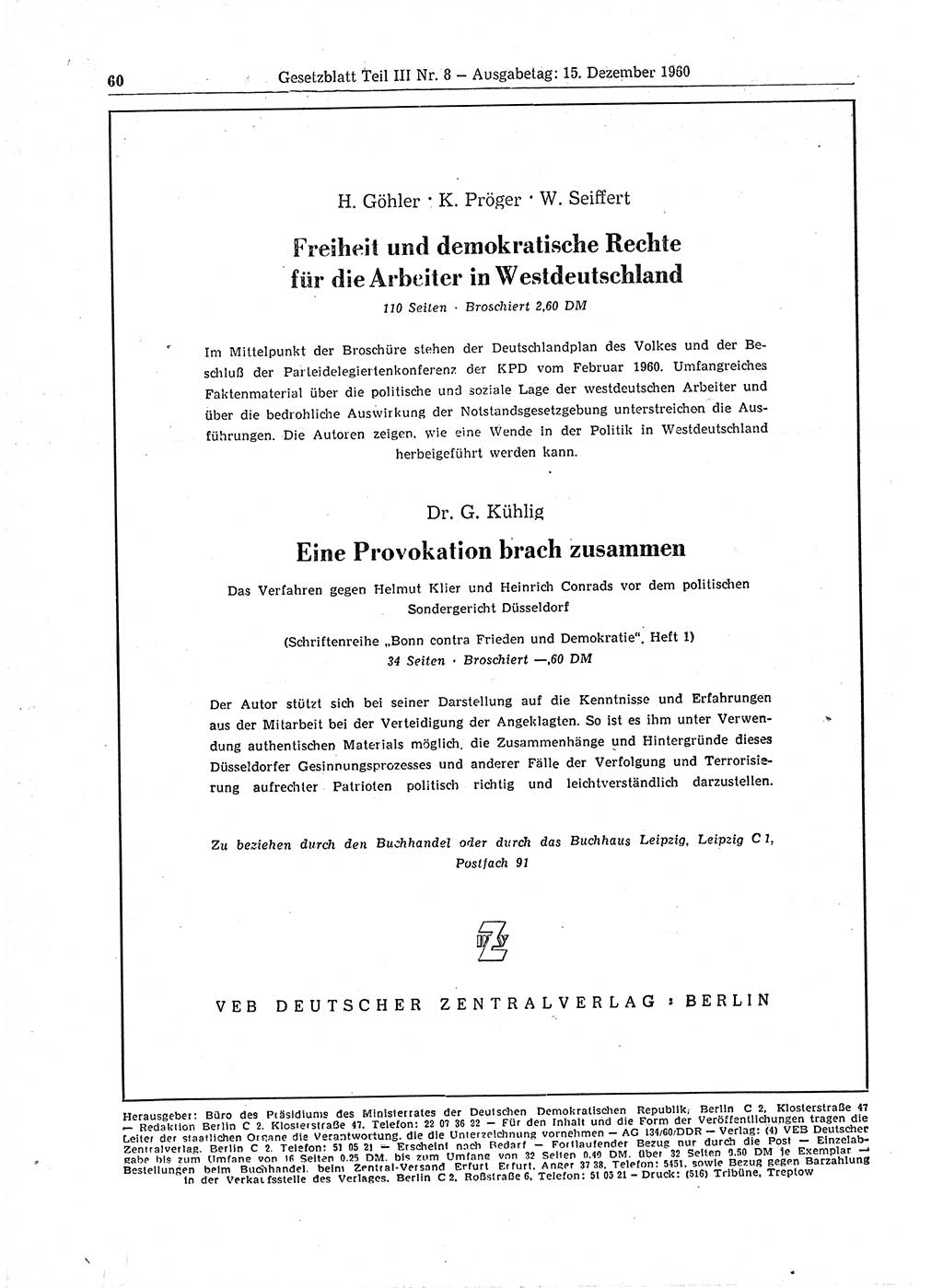 Gesetzblatt (GBl.) der Deutschen Demokratischen Republik (DDR) Teil ⅠⅠⅠ 1960, Seite 60 (GBl. DDR ⅠⅠⅠ 1960, S. 60)