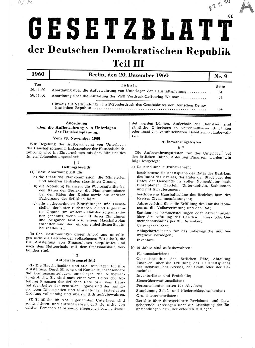 Gesetzblatt (GBl.) der Deutschen Demokratischen Republik (DDR) Teil ⅠⅠⅠ 1960, Seite 61 (GBl. DDR ⅠⅠⅠ 1960, S. 61)
