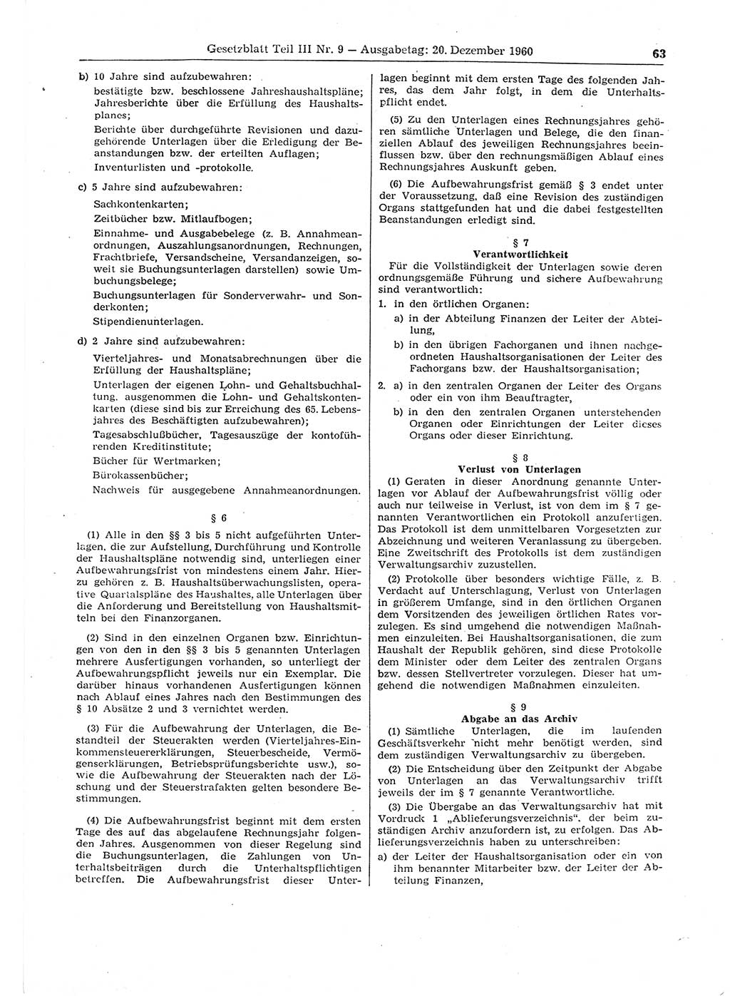 Gesetzblatt (GBl.) der Deutschen Demokratischen Republik (DDR) Teil ⅠⅠⅠ 1960, Seite 63 (GBl. DDR ⅠⅠⅠ 1960, S. 63)