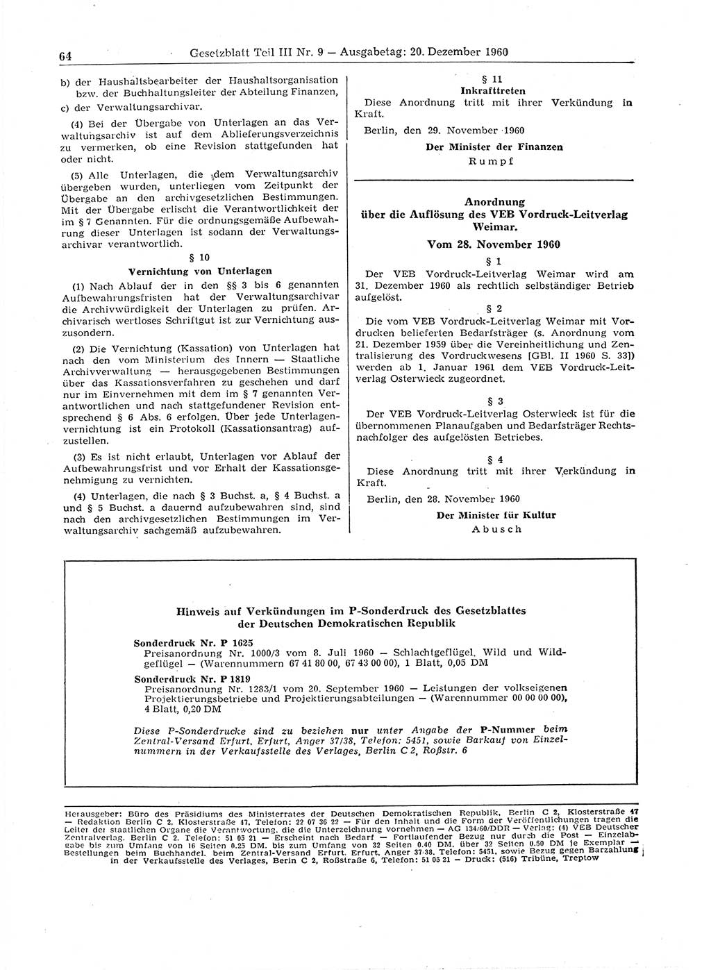 Gesetzblatt (GBl.) der Deutschen Demokratischen Republik (DDR) Teil ⅠⅠⅠ 1960, Seite 64 (GBl. DDR ⅠⅠⅠ 1960, S. 64)