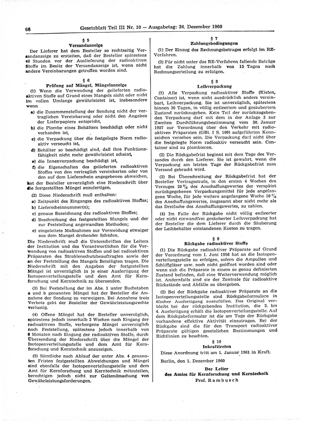 Gesetzblatt (GBl.) der Deutschen Demokratischen Republik (DDR) Teil ⅠⅠⅠ 1960, Seite 66 (GBl. DDR ⅠⅠⅠ 1960, S. 66)