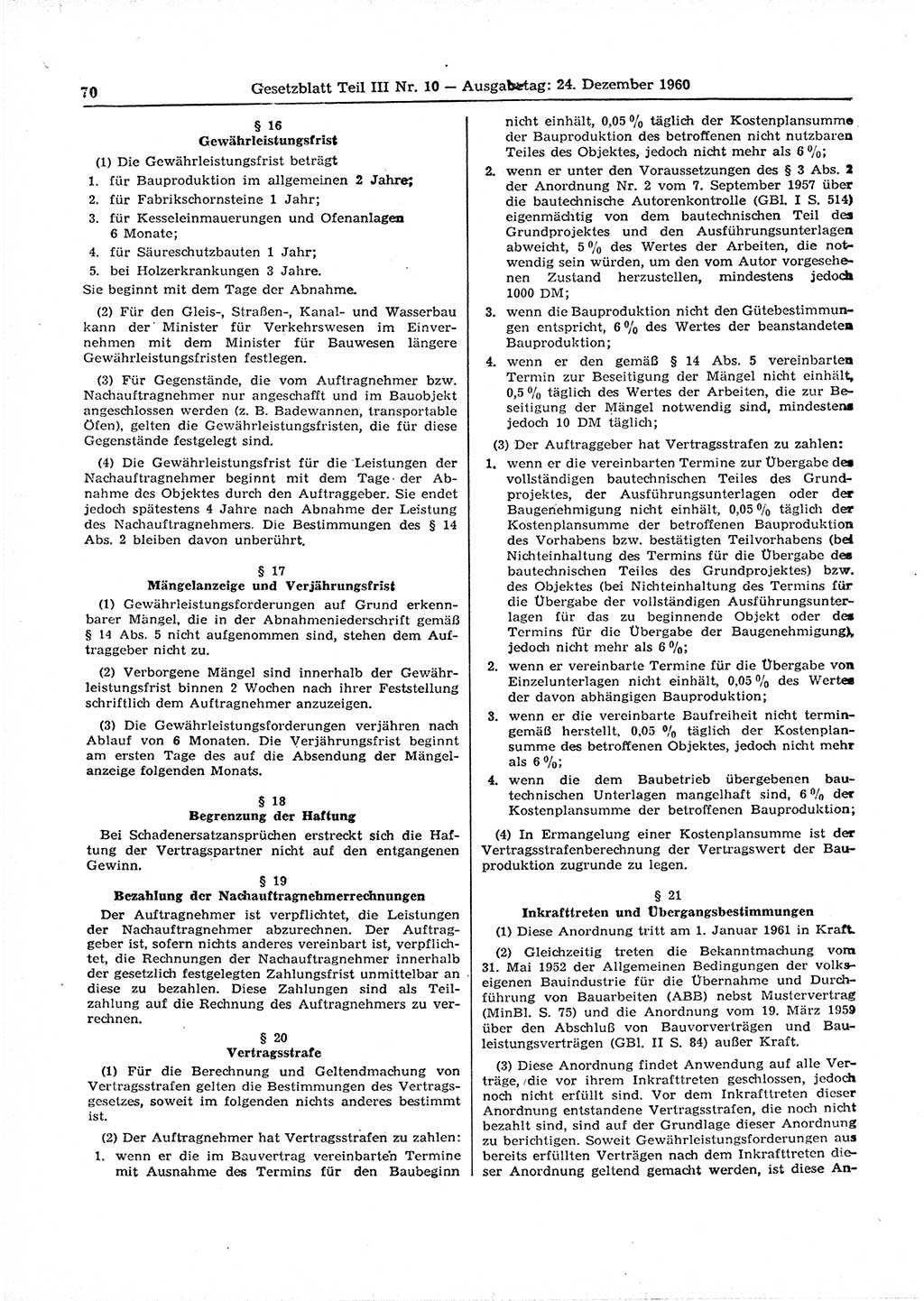 Gesetzblatt (GBl.) der Deutschen Demokratischen Republik (DDR) Teil ⅠⅠⅠ 1960, Seite 70 (GBl. DDR ⅠⅠⅠ 1960, S. 70)