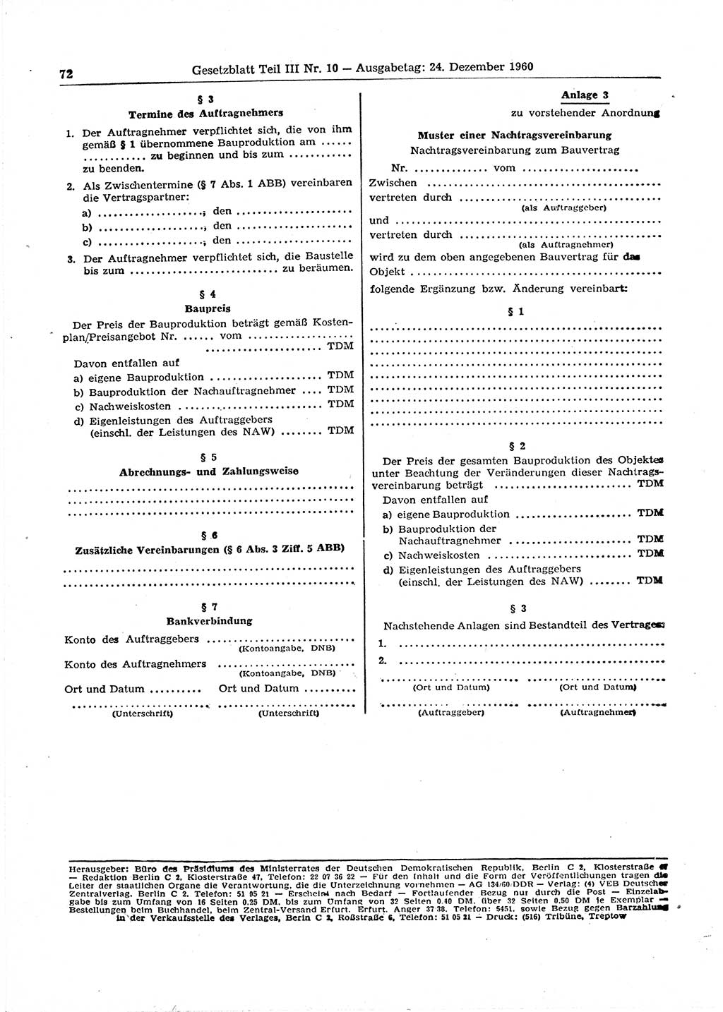 Gesetzblatt (GBl.) der Deutschen Demokratischen Republik (DDR) Teil ⅠⅠⅠ 1960, Seite 72 (GBl. DDR ⅠⅠⅠ 1960, S. 72)