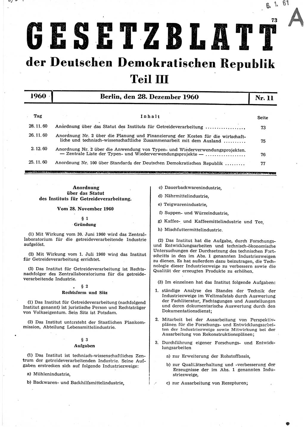 Gesetzblatt (GBl.) der Deutschen Demokratischen Republik (DDR) Teil ⅠⅠⅠ 1960, Seite 73 (GBl. DDR ⅠⅠⅠ 1960, S. 73)