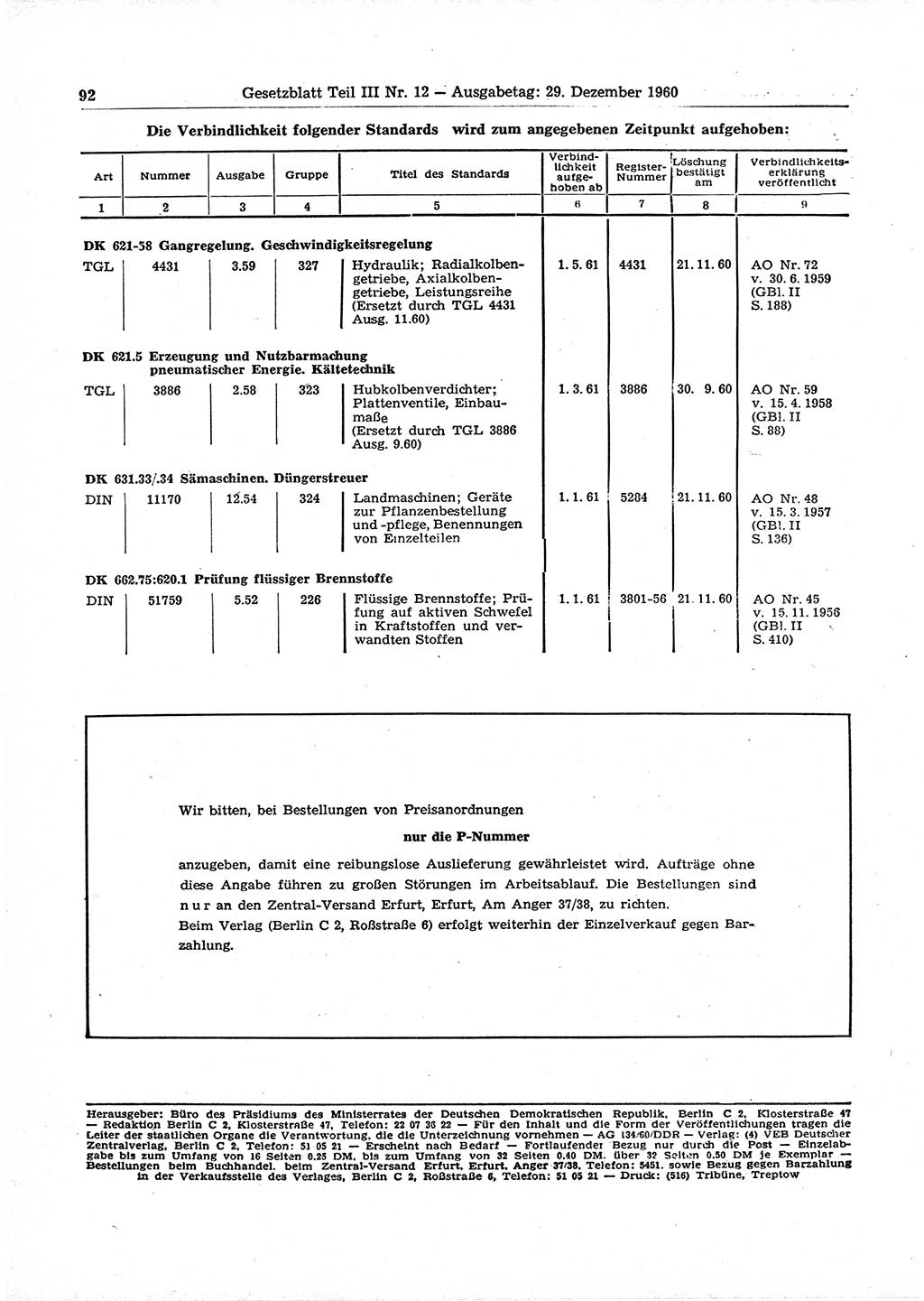 Gesetzblatt (GBl.) der Deutschen Demokratischen Republik (DDR) Teil ⅠⅠⅠ 1960, Seite 92 (GBl. DDR ⅠⅠⅠ 1960, S. 92)