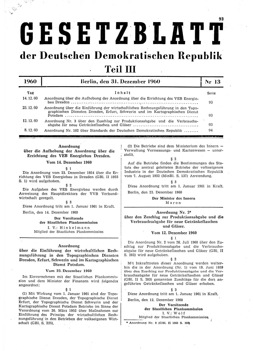 Gesetzblatt (GBl.) der Deutschen Demokratischen Republik (DDR) Teil ⅠⅠⅠ 1960, Seite 93 (GBl. DDR ⅠⅠⅠ 1960, S. 93)