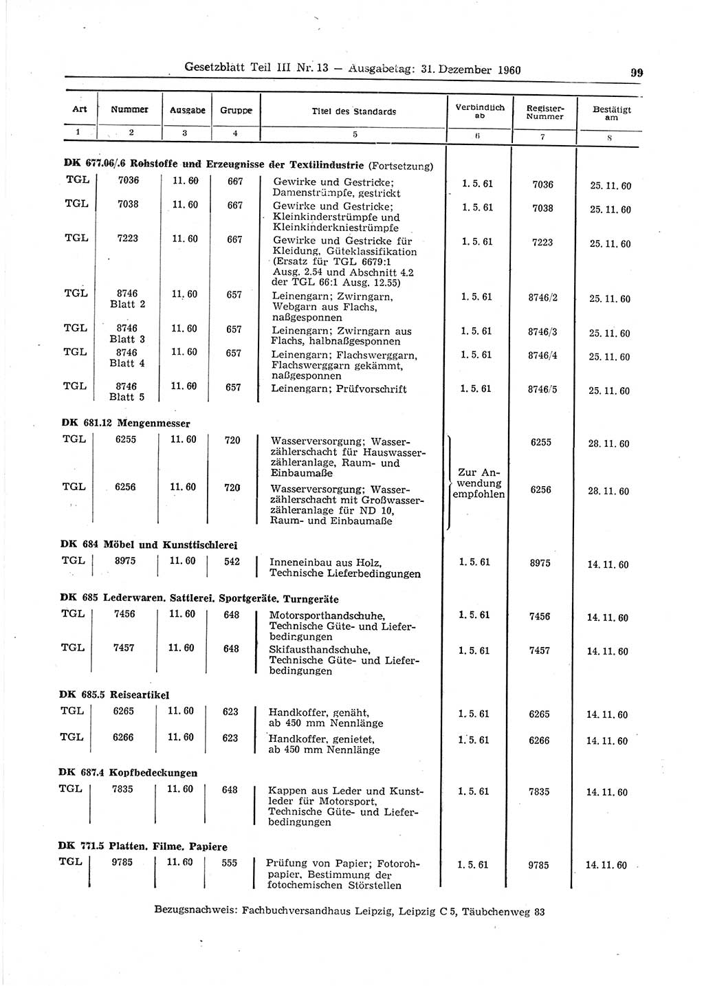 Gesetzblatt (GBl.) der Deutschen Demokratischen Republik (DDR) Teil ⅠⅠⅠ 1960, Seite 99 (GBl. DDR ⅠⅠⅠ 1960, S. 99)
