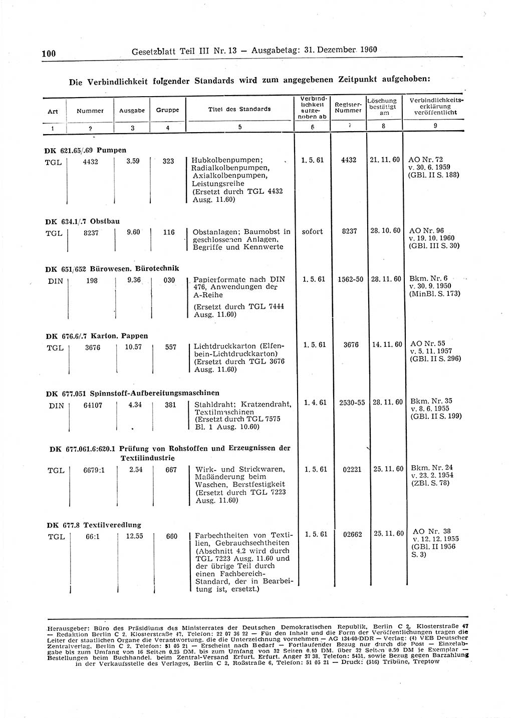 Gesetzblatt (GBl.) der Deutschen Demokratischen Republik (DDR) Teil ⅠⅠⅠ 1960, Seite 100 (GBl. DDR ⅠⅠⅠ 1960, S. 100)