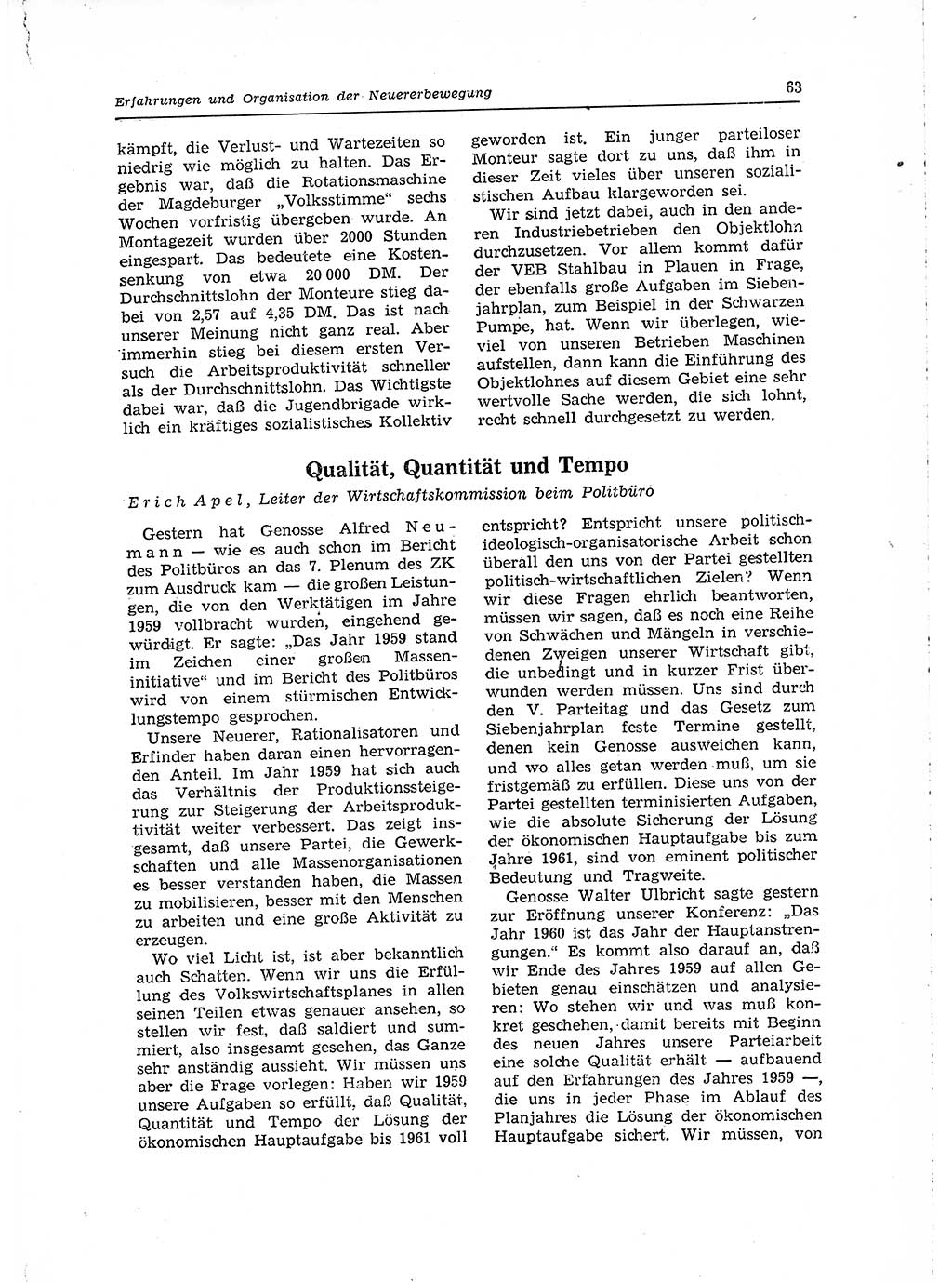 Neuer Weg (NW), Organ des Zentralkomitees (ZK) der SED (Sozialistische Einheitspartei Deutschlands) für Fragen des Parteilebens, 15. Jahrgang [Deutsche Demokratische Republik (DDR)] 1960, Seite 63 (NW ZK SED DDR 1960, S. 63)