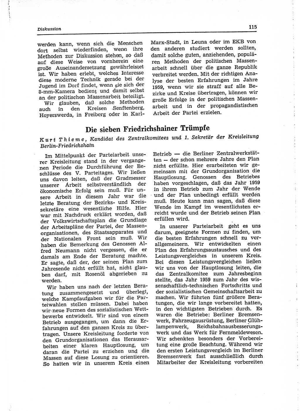 Neuer Weg (NW), Organ des Zentralkomitees (ZK) der SED (Sozialistische Einheitspartei Deutschlands) für Fragen des Parteilebens, 15. Jahrgang [Deutsche Demokratische Republik (DDR)] 1960, Seite 115 (NW ZK SED DDR 1960, S. 115)