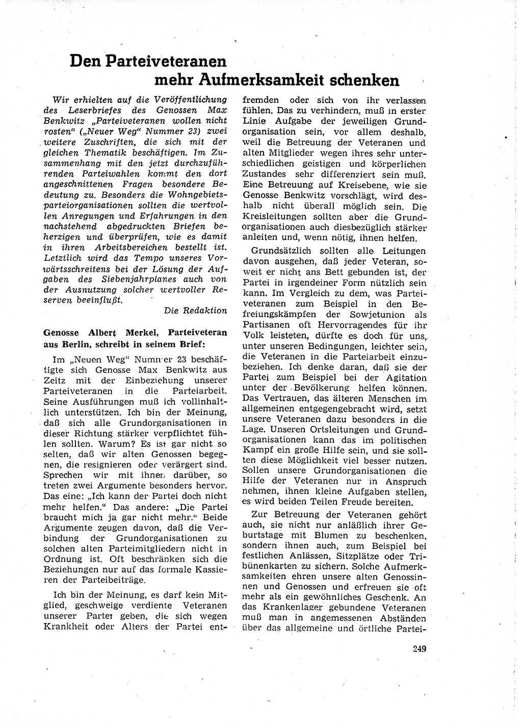 Neuer Weg (NW), Organ des Zentralkomitees (ZK) der SED (Sozialistische Einheitspartei Deutschlands) für Fragen des Parteilebens, 15. Jahrgang [Deutsche Demokratische Republik (DDR)] 1960, Seite 249 (NW ZK SED DDR 1960, S. 249)