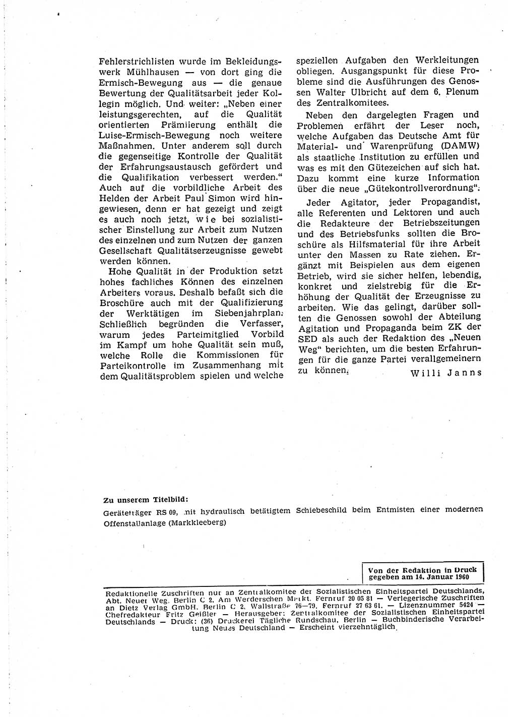 Neuer Weg (NW), Organ des Zentralkomitees (ZK) der SED (Sozialistische Einheitspartei Deutschlands) für Fragen des Parteilebens, 15. Jahrgang [Deutsche Demokratische Republik (DDR)] 1960, Seite 252 (NW ZK SED DDR 1960, S. 252)