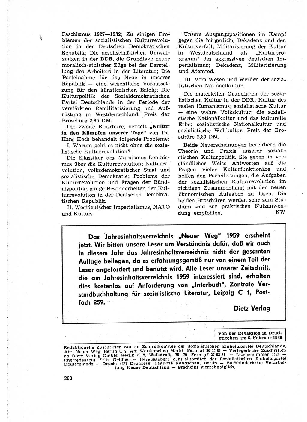 Neuer Weg (NW), Organ des Zentralkomitees (ZK) der SED (Sozialistische Einheitspartei Deutschlands) für Fragen des Parteilebens, 15. Jahrgang [Deutsche Demokratische Republik (DDR)] 1960, Seite 360 (NW ZK SED DDR 1960, S. 360)