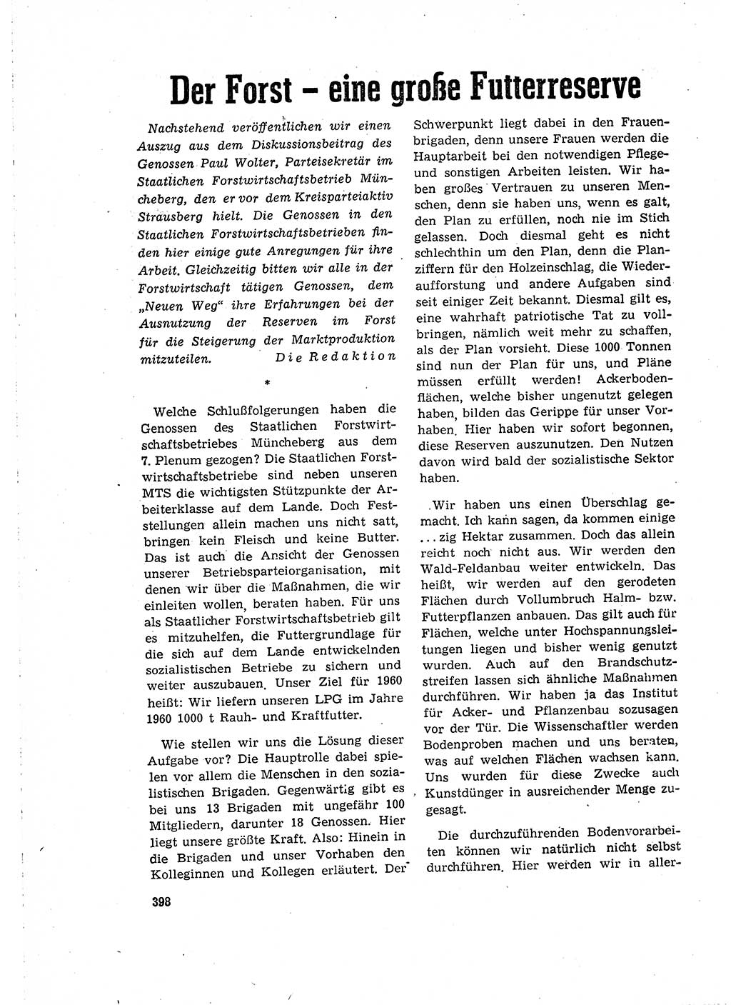 Neuer Weg (NW), Organ des Zentralkomitees (ZK) der SED (Sozialistische Einheitspartei Deutschlands) für Fragen des Parteilebens, 15. Jahrgang [Deutsche Demokratische Republik (DDR)] 1960, Seite 398 (NW ZK SED DDR 1960, S. 398)