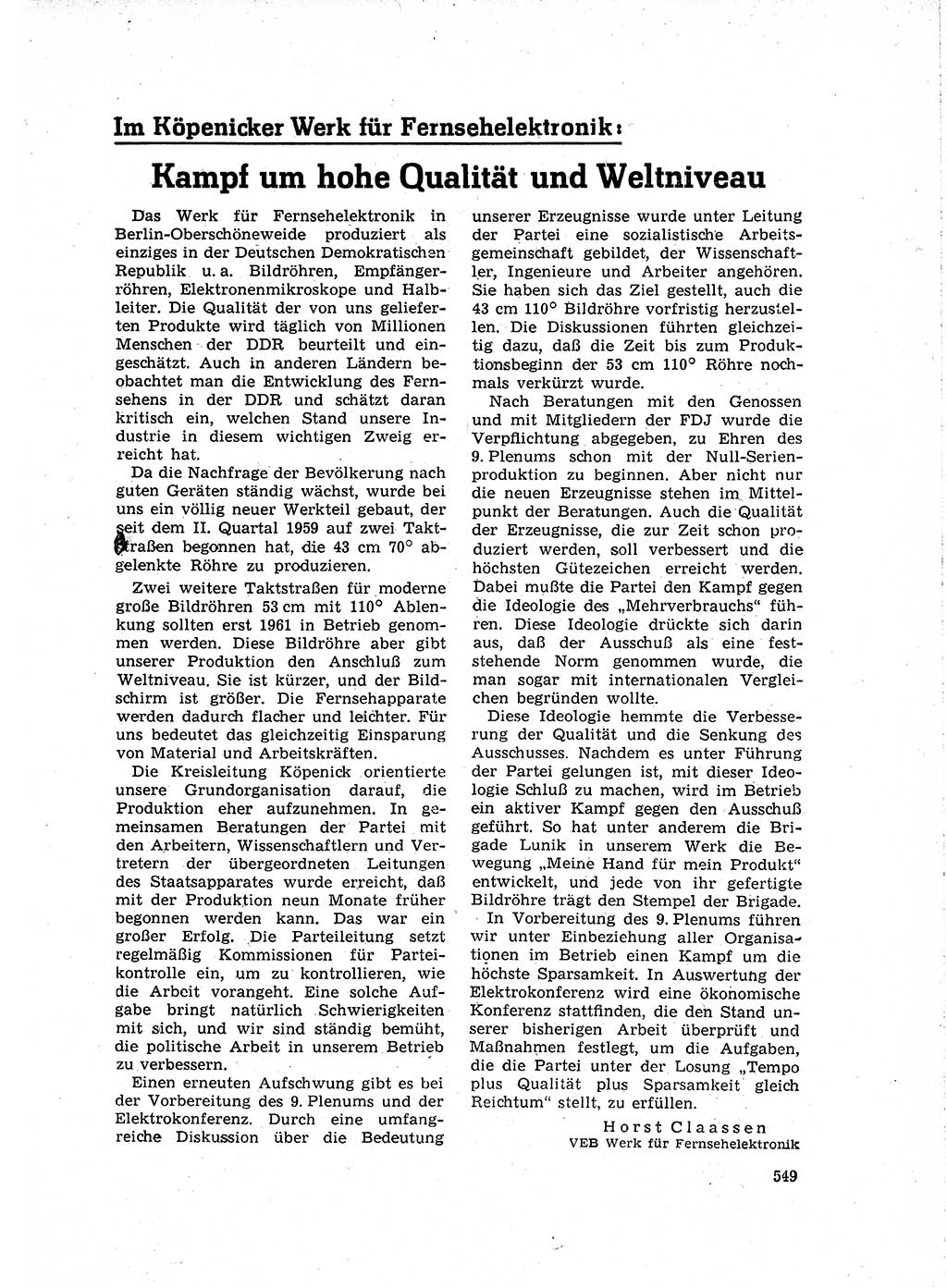 Neuer Weg (NW), Organ des Zentralkomitees (ZK) der SED (Sozialistische Einheitspartei Deutschlands) für Fragen des Parteilebens, 15. Jahrgang [Deutsche Demokratische Republik (DDR)] 1960, Seite 549 (NW ZK SED DDR 1960, S. 549)