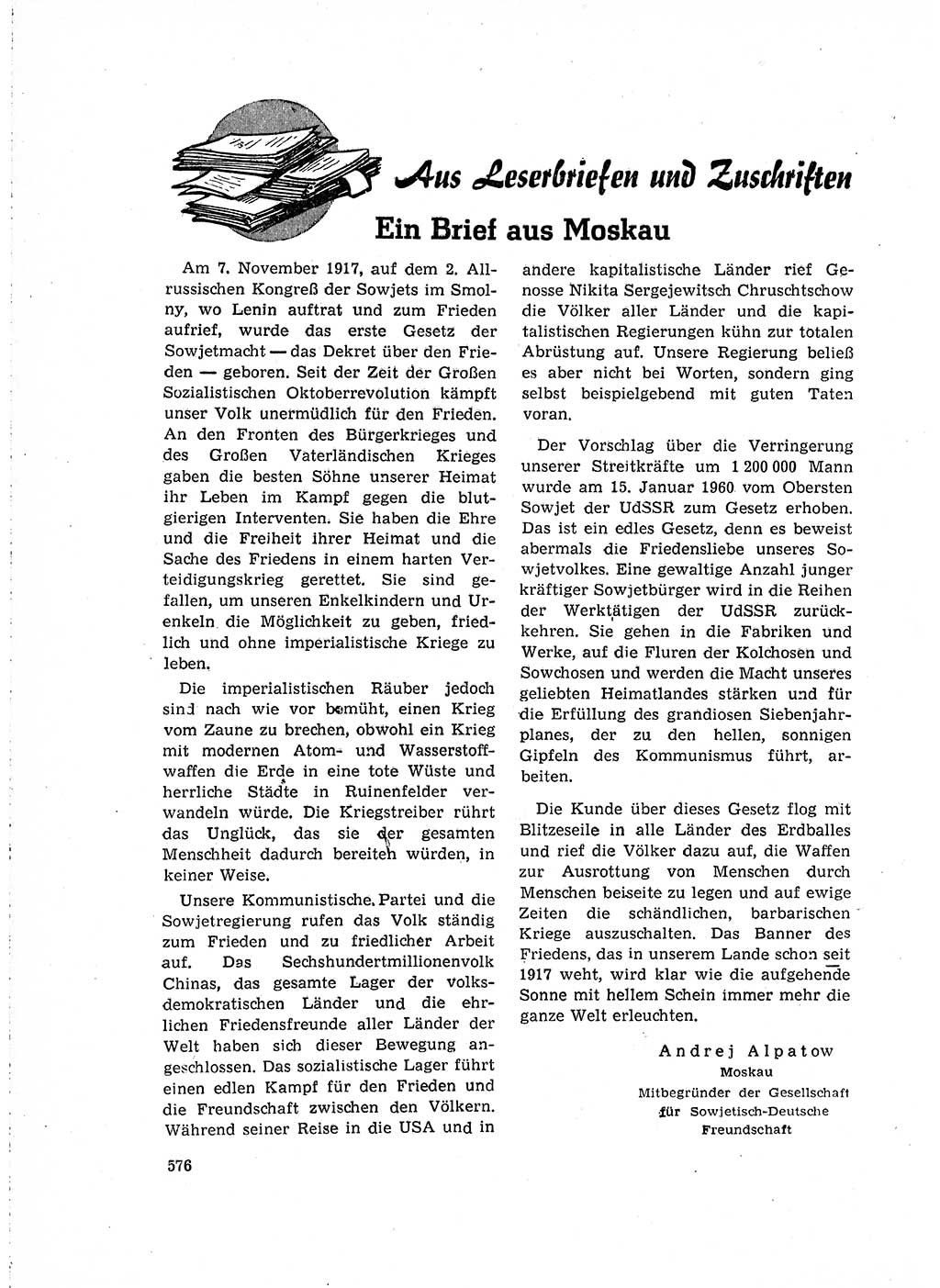 Neuer Weg (NW), Organ des Zentralkomitees (ZK) der SED (Sozialistische Einheitspartei Deutschlands) für Fragen des Parteilebens, 15. Jahrgang [Deutsche Demokratische Republik (DDR)] 1960, Seite 576 (NW ZK SED DDR 1960, S. 576)