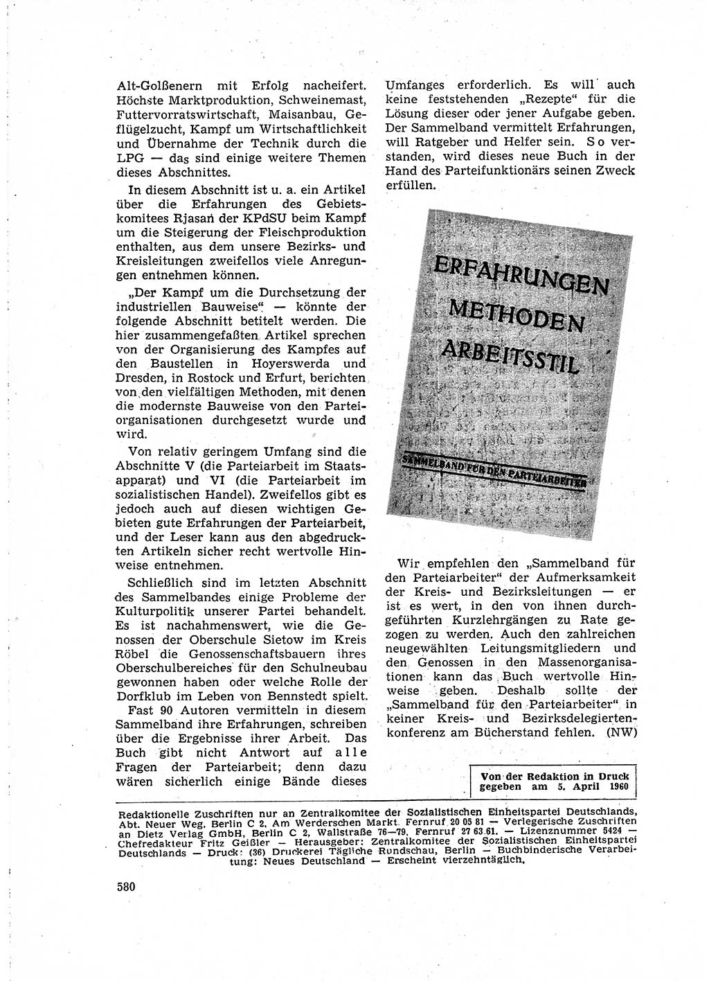 Neuer Weg (NW), Organ des Zentralkomitees (ZK) der SED (Sozialistische Einheitspartei Deutschlands) für Fragen des Parteilebens, 15. Jahrgang [Deutsche Demokratische Republik (DDR)] 1960, Seite 580 (NW ZK SED DDR 1960, S. 580)